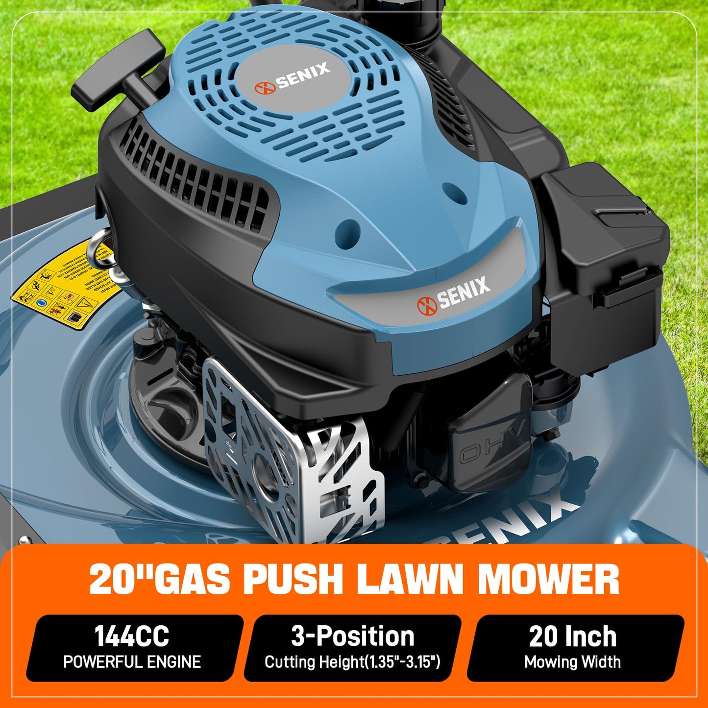 SENIX Lawn Mower, 20" 144 cc Push Mower Gas, 4-Cycle Engine Walk-Behind Push Lawn Mowers, 3 Position Height Adjustment for 1/4 Acre Small Yard Garden, cortadora de pasto