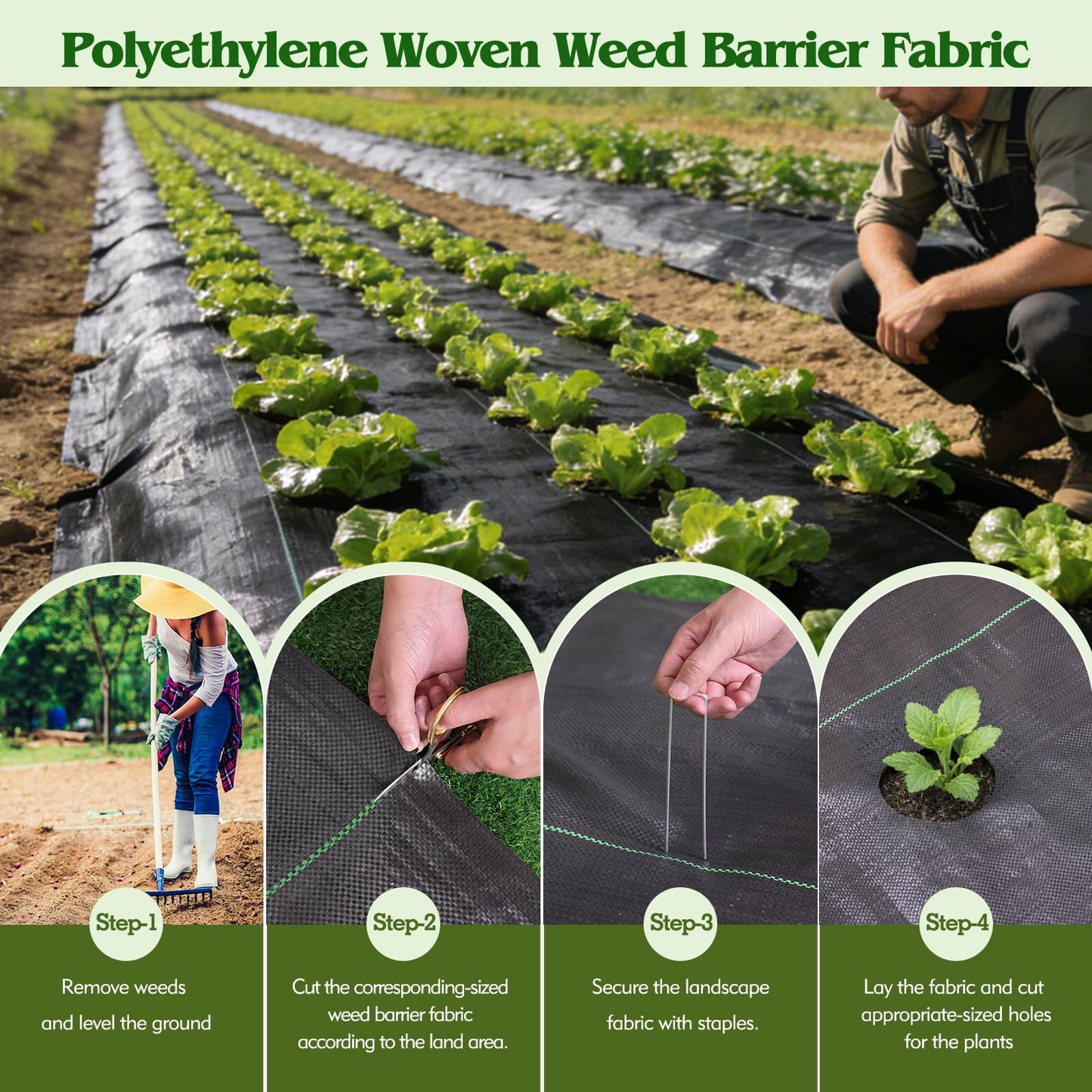 HongWay 6FT x 300FT Weed Barrier Landscape Fabric Heavy Duty, Woven Geotextile Weed Blocker Fabric with 120 U-Shaped Securing Pegs, Weed Control Mats Ground Cover for Garden Beds, Commercial Driveway