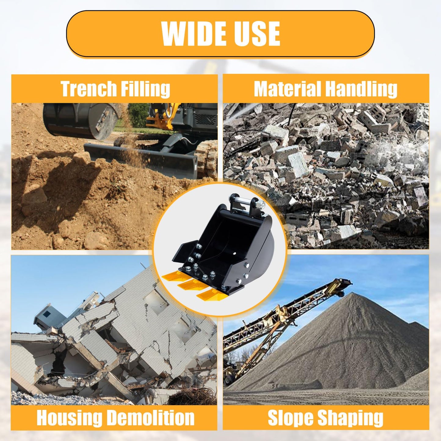 MMS 11.81in/300mm Mini Excavator Digging Bucket with Metal Teeth - 0.98"/25 mm Hole Diameter, 3.54"/90 mm Span, Mini Excavator Attachments Digging Bucket for Trenching & Digging