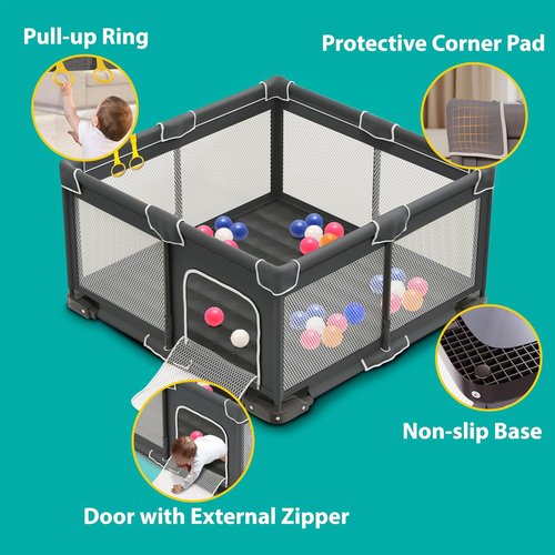 ICAREWAY Foldable Playpen - Portable 50x50 Inch Kids Play Area with Visible Mesh - Dark Gray
