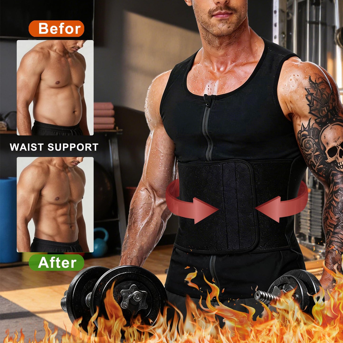 FEVOHOT Waist Trainer Sauna Shirt Suit For Men Sweat Compression Workout Gym Vest Body Shaper Zipper Tank Top Belt Belly Fat(BK 2XL)