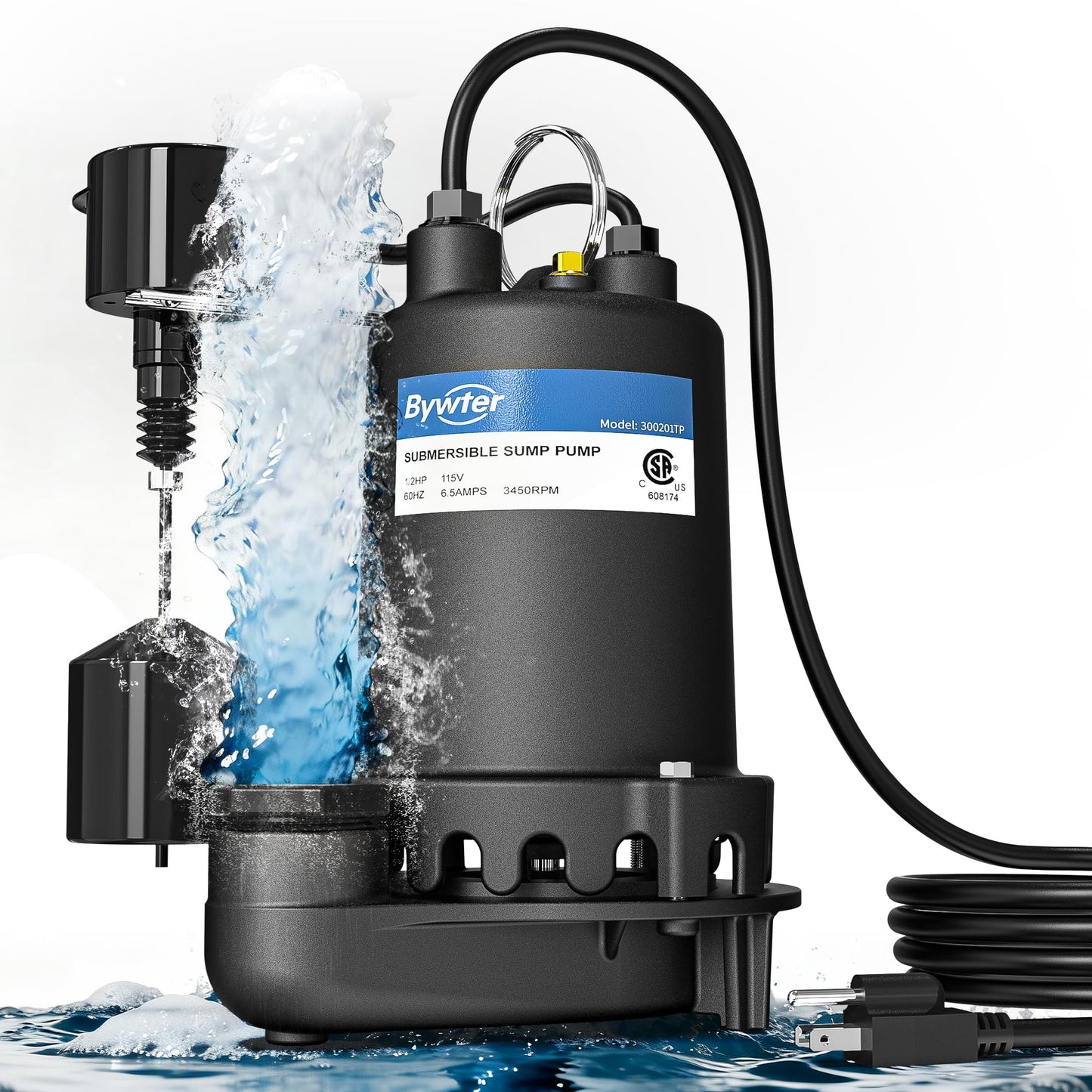 BYWTER 1/2 HP Sump Pump, 4600 GPH High Flow, 22 FT Lift, 115V Cast Iron Sewage Pump with Built-in Vertical Float Switch, Heavy Duty Sewage/Effluent Pump for Basement, 10 FT Power Cord