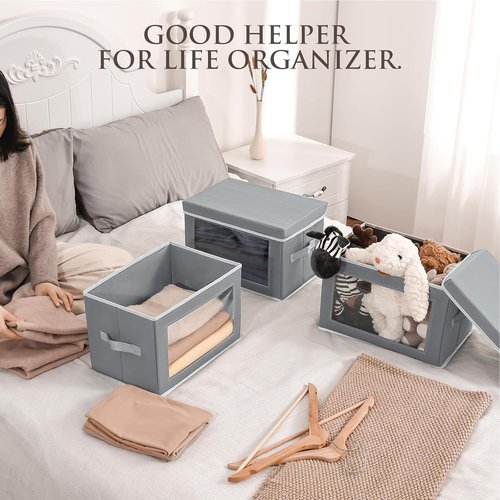Homsorout Storage Bins - 6 Pack Large Foldable Closet Organizers with Lids | Decorative Grey Baskets