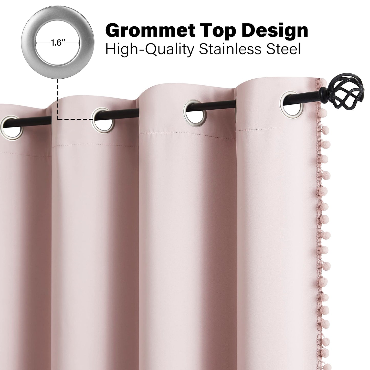 Jubilantex Pom Pom Pink Blackout Curtains 84 inches Long 2 Panels Triple Weave Window Treatments for Girls Bedroom and Living Room,52" x 84",Grommet