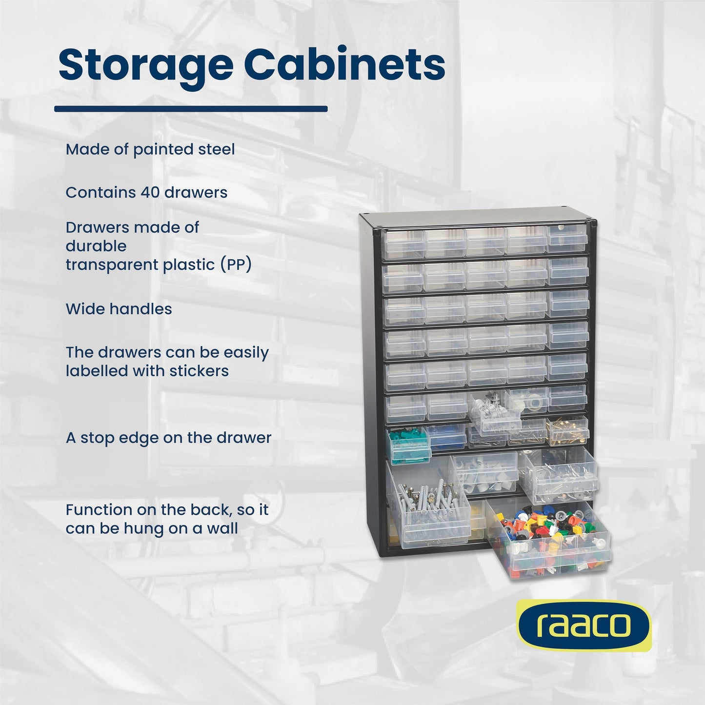 Raaco Steel Storage Cabinet, Tall 40-Drawer, Clear Polypropylene Plastic Drawer – Small Parts Organizer, Screws, Nuts & Bolts, Crafts & Hardware – Tool Cabinet for Workbench & Wall Storage (C10-40)