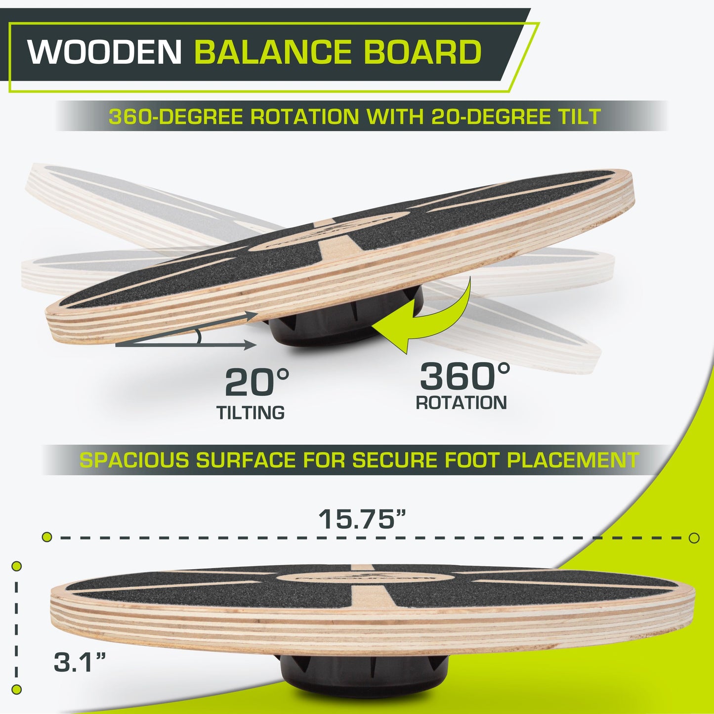 ProsourceFit Wooden Balance Board Non-Slip Wobble Core Trainer 15.75in (39.5cm) Diameter with 360 Rotation for Stability Training, Full Body Exercises, Physical Therapy, Black