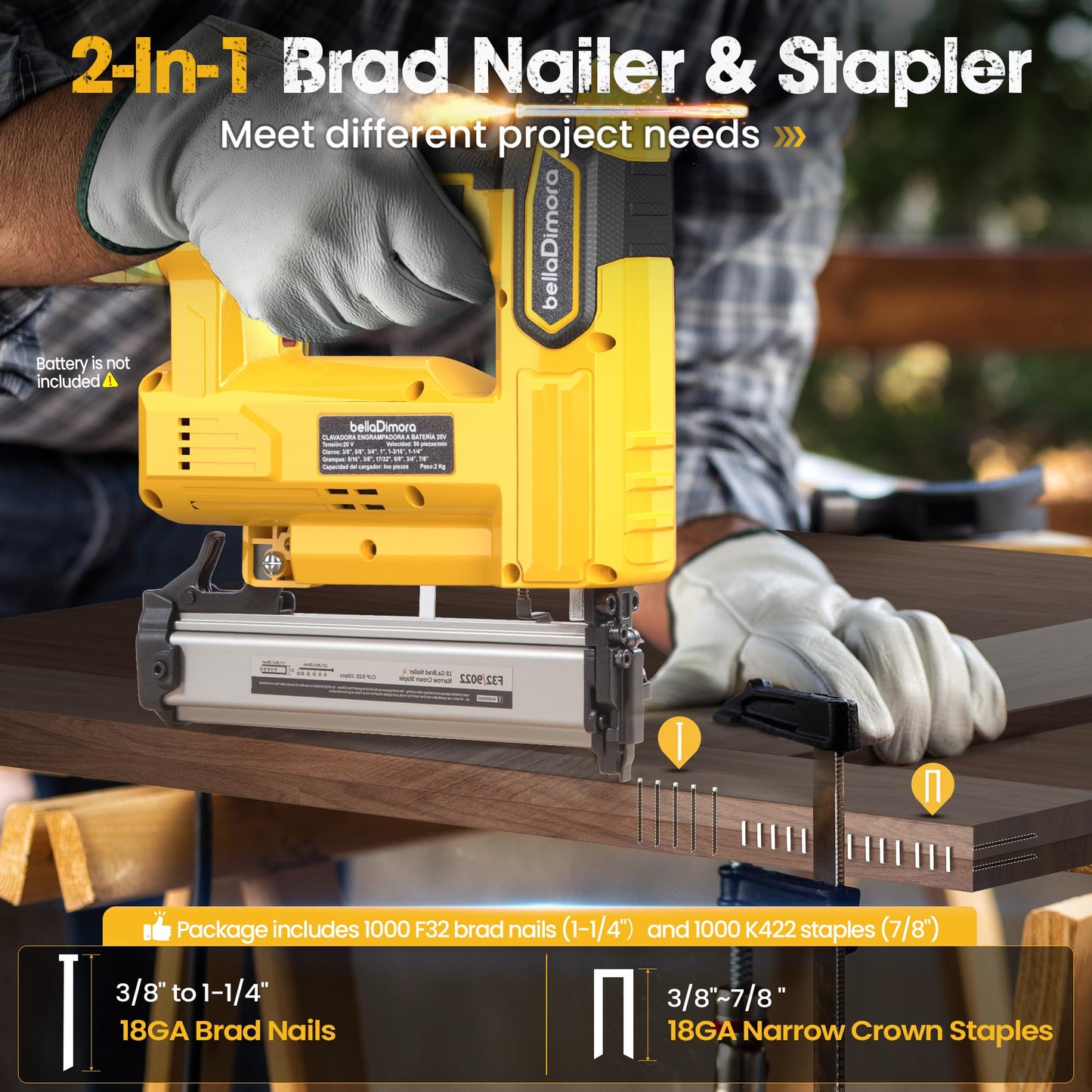 Cordless Brad Nailer Compatible with DeWalt 20V Battery, 2 in 1 Nail Gun & Staple Gun with 1000 Nails &1000 Staples, 18 Gauge Brad Nailer for Home Improvement(No Battery)