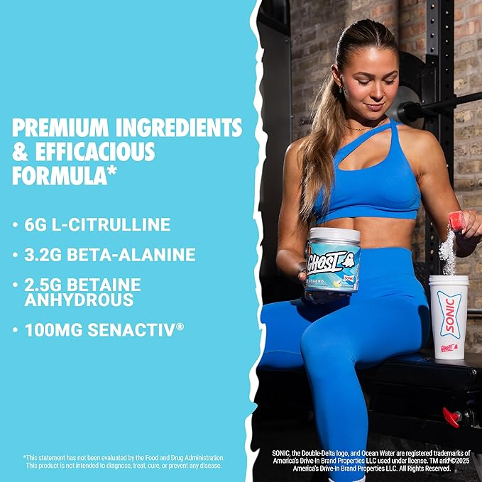 GHOST Legend Pre-Workout Powder, Sonic Ocean Water - 30 Servings ??Pre-Workout for Men & Women with Choline, L-Citrulline, & Beta Alanine for Energy & Focus