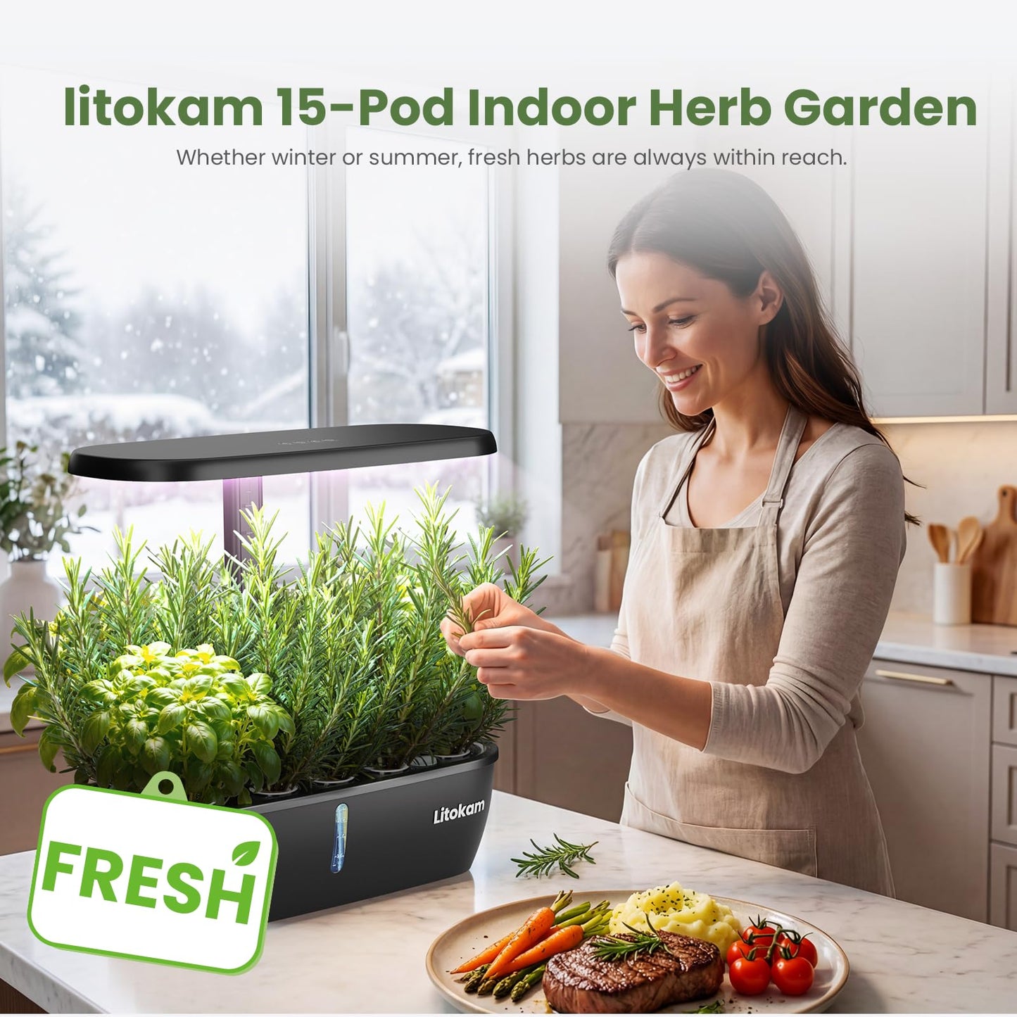 litokam Hydroponics Growing System Kit, 15 Pods Indoor Herb Garden with Smart APP & Quiet Pump, 24W LED Light, Auto Timer, Indoor Garden for Herbs, Vegetables & Flowers, Ideal Gift for Plant Lovers