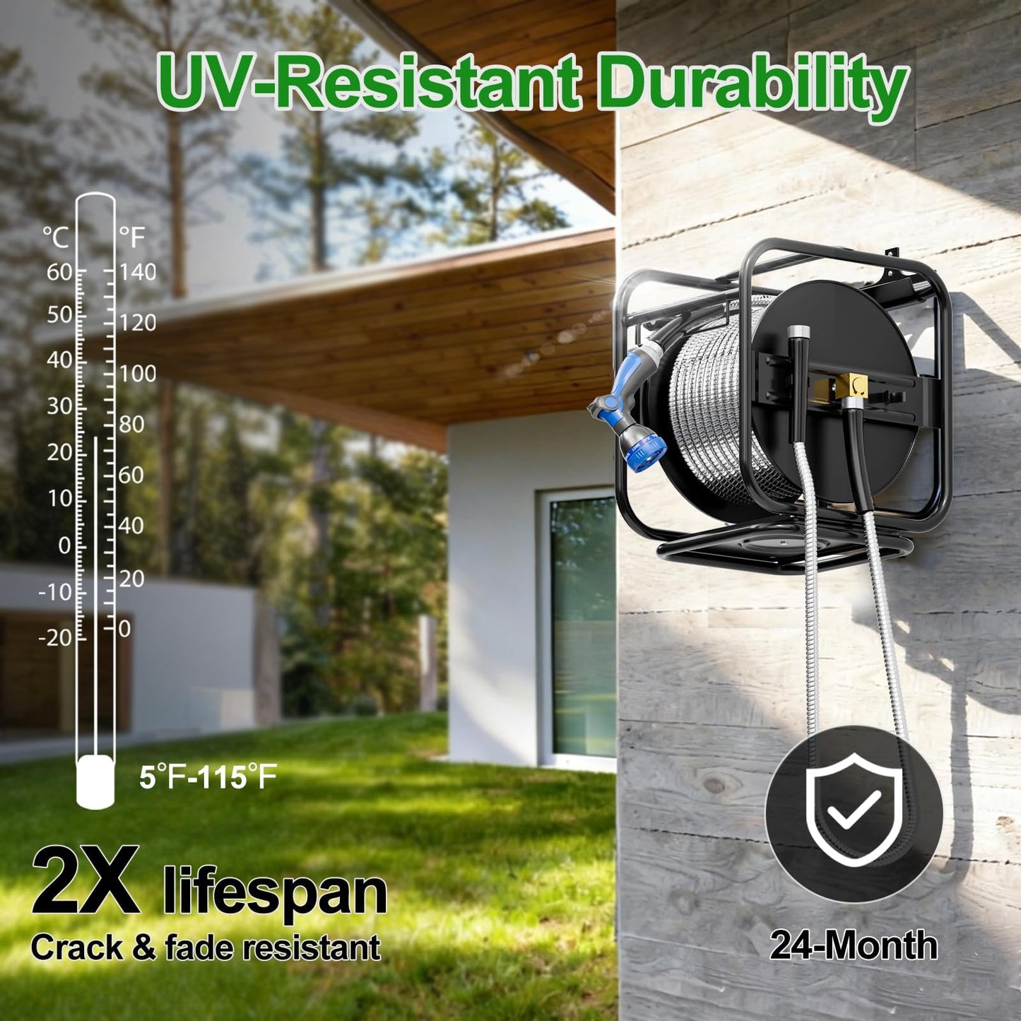 SPECILITE Upgraded Metal Garden Hose Reel With 100 Ft 304 Stainless Steel Water Pipe, Heavy Duty Anti-UV Wall Mount/Freestanding Spool with Nozzle, 360° Rotation Frame for Yard