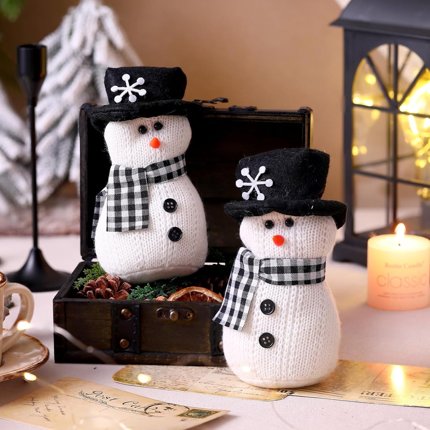 SmoothNovelty Snowman Plush Toys - 6'' Winter Figurines with Checkered Scarf | Holiday Table Decor