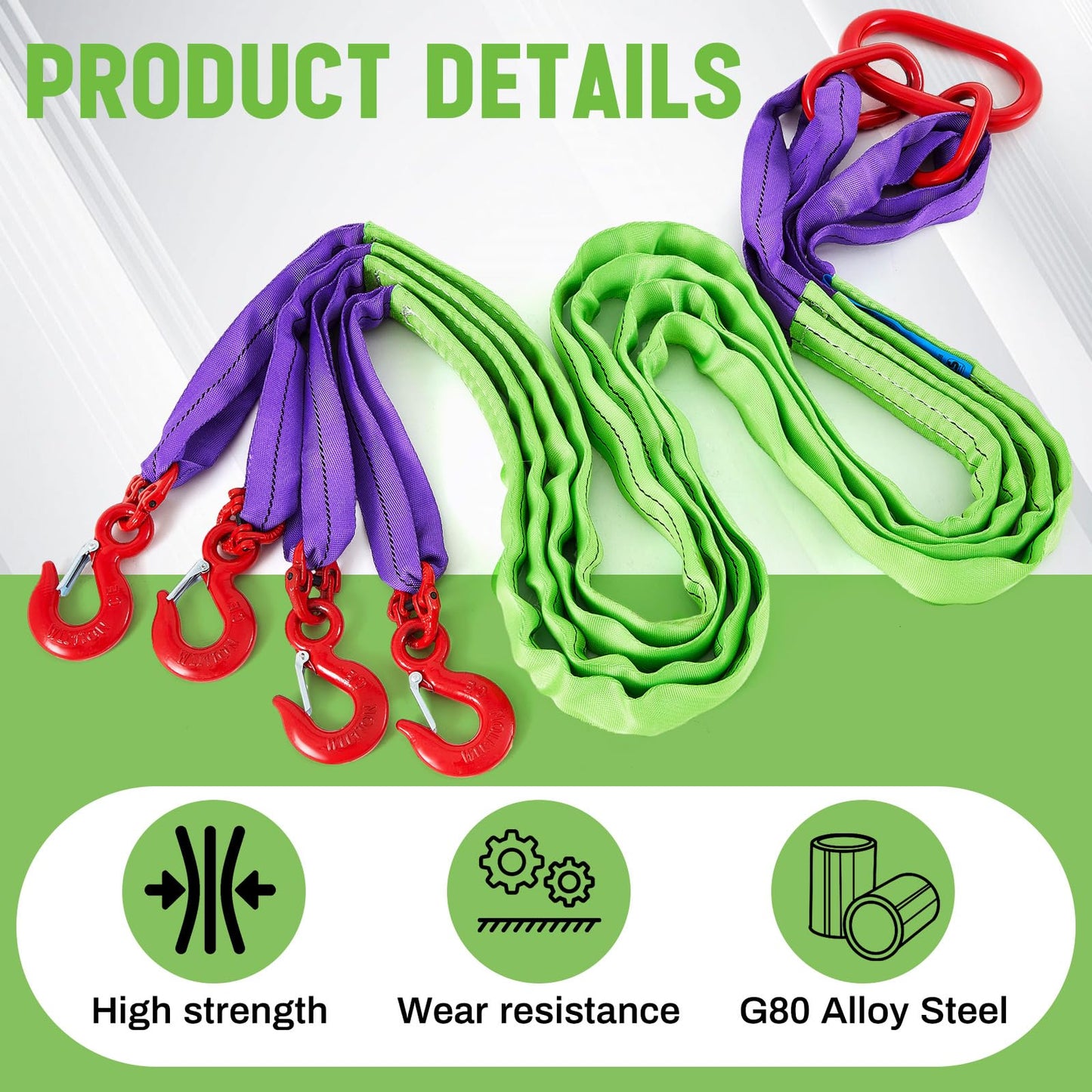 GliCraft 3 Pcs 6.6 ft Polyester Lifting Straps Set - Four Leg Bridle Web Sling & 2 Endless Round Slings Rigging Straps for Hoist, Engine, Crane, Machinery Moving & Tree Stump Removal 6600 lbs Capacity