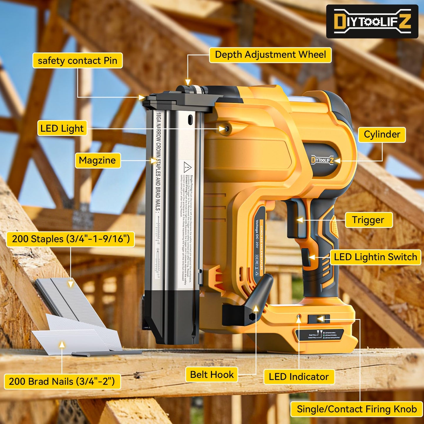 DIYtoolifz 18GA Cordless 2" Brad Nailer Compatible with DeWalt 20V (Tool Only), 2-in-1 Nail & Staple Gun, Tool-Free Jam, Adjustable Depth, 2 Modes with 400 Nails/Staples for Woodworking,Trim,Carpentry