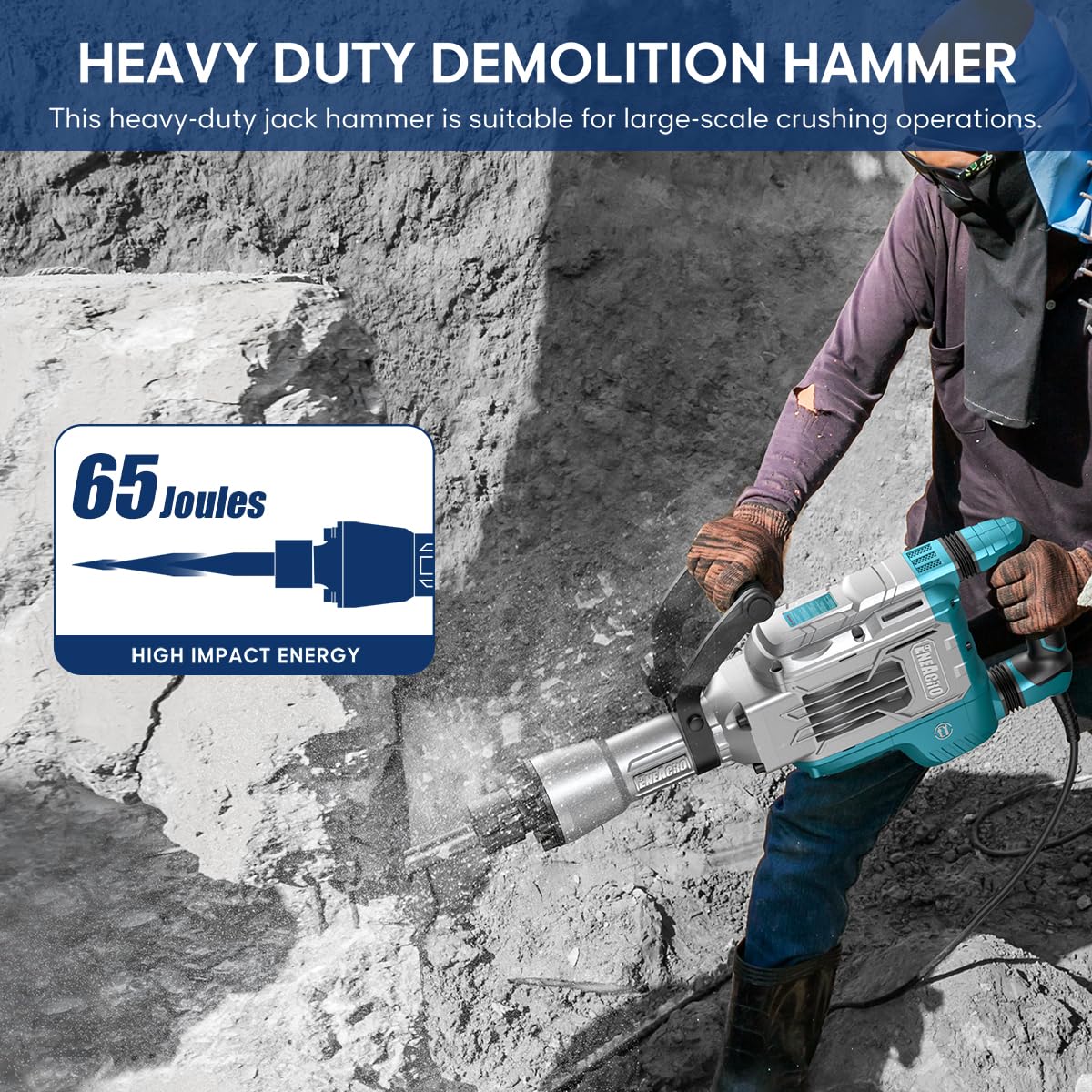 ENEACRO Demolition Jack Hammer 14.5Amp SDS-Hex Concrete Breaker, 65 Joules Heavy Duty Chipping Hammer Cement/Pavement/Floor Breaker, with 2pcs of chisels and Carry box with Rollers