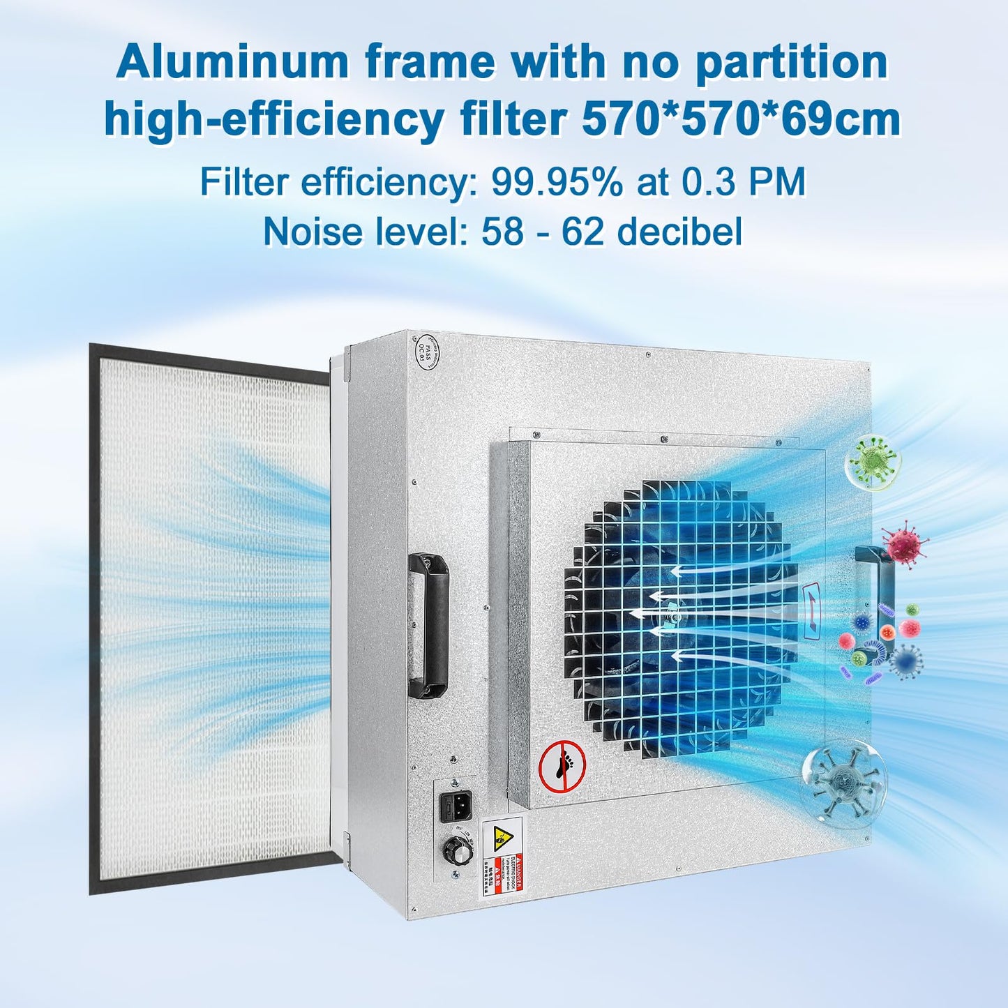 Professional HEPA Laminar Flow Hood, H14 High Efficiency Filter, Silver, 22.6x22.6x10.2 Inch, Clean Room Grade Laboratory Fan System with Control Board