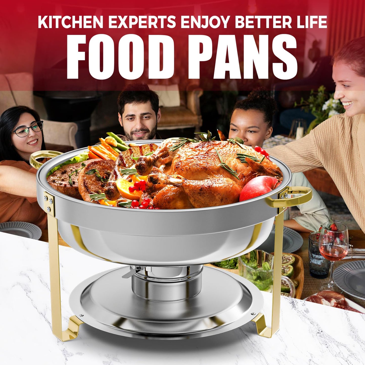 IMACONE Chafing Dish Buffet Set of 4, 5QT Round Stainless Steel Chafer for Catering, Upgraded Chafers and Buffet Warmer Sets w/Food & Water Pan, Lid, Gold Frame, Fuel Holder for Party Wedding Holiday