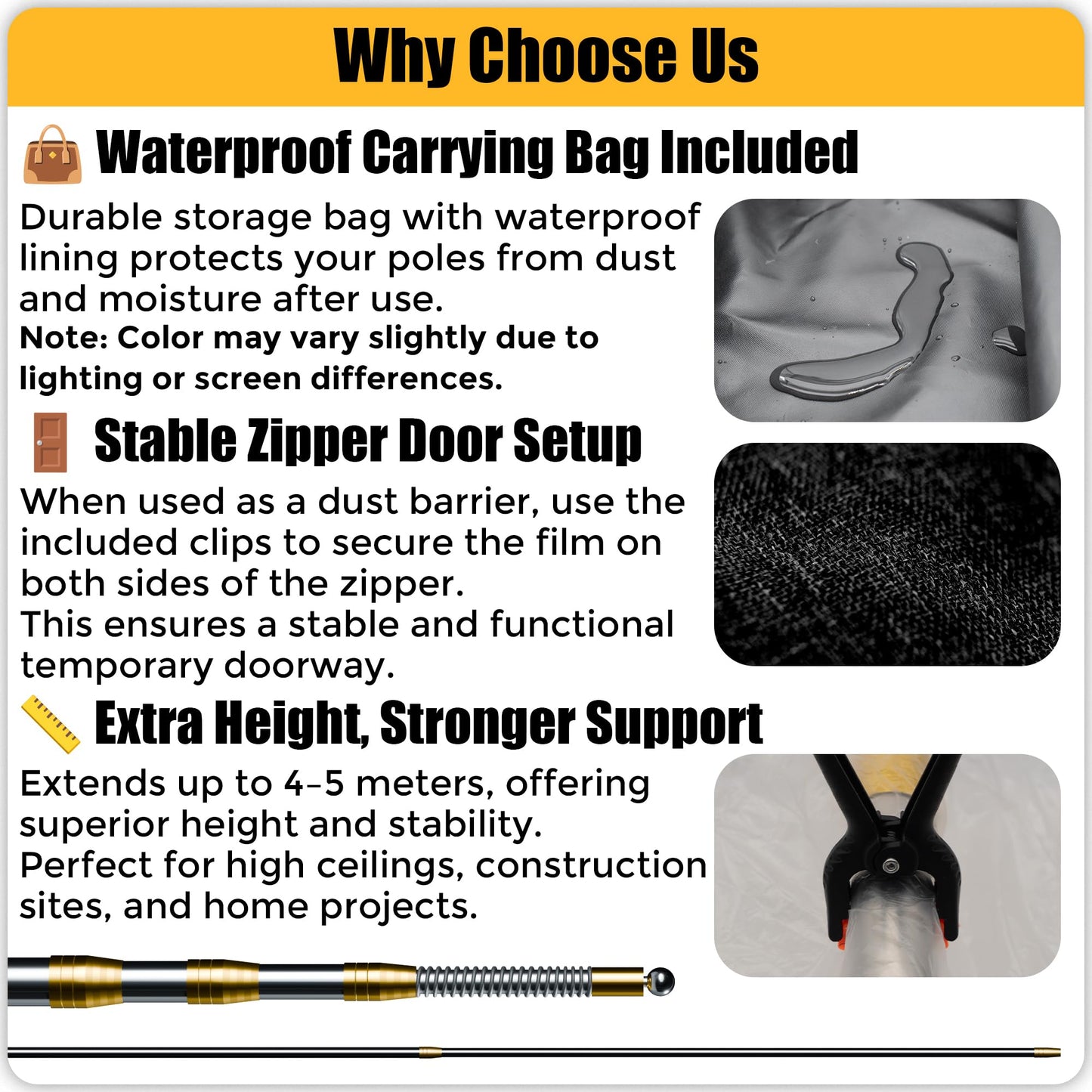 MAYOKEN® 13 16FT Dust Barrier Poles (4 Pack), Spring-Top Telescoping Poles for Construction & Renovation – Dust Containment System with Plastic Sheeting,2 self-Adhesive Zipper & Carry Bag