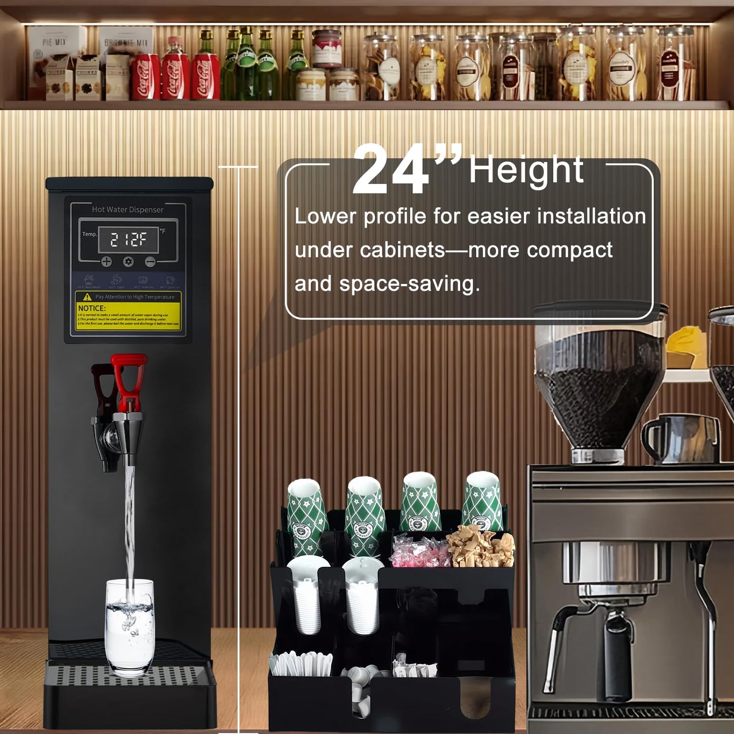 Commercial Hot Water Dispenser Commercial Water Boiler Electric Countertop Hot Water Machine Black 25L(6.6GAL)/Hour Step-heating 86-212°F Adjustable for Boba Tea Coffee Office Restaurant 1600W