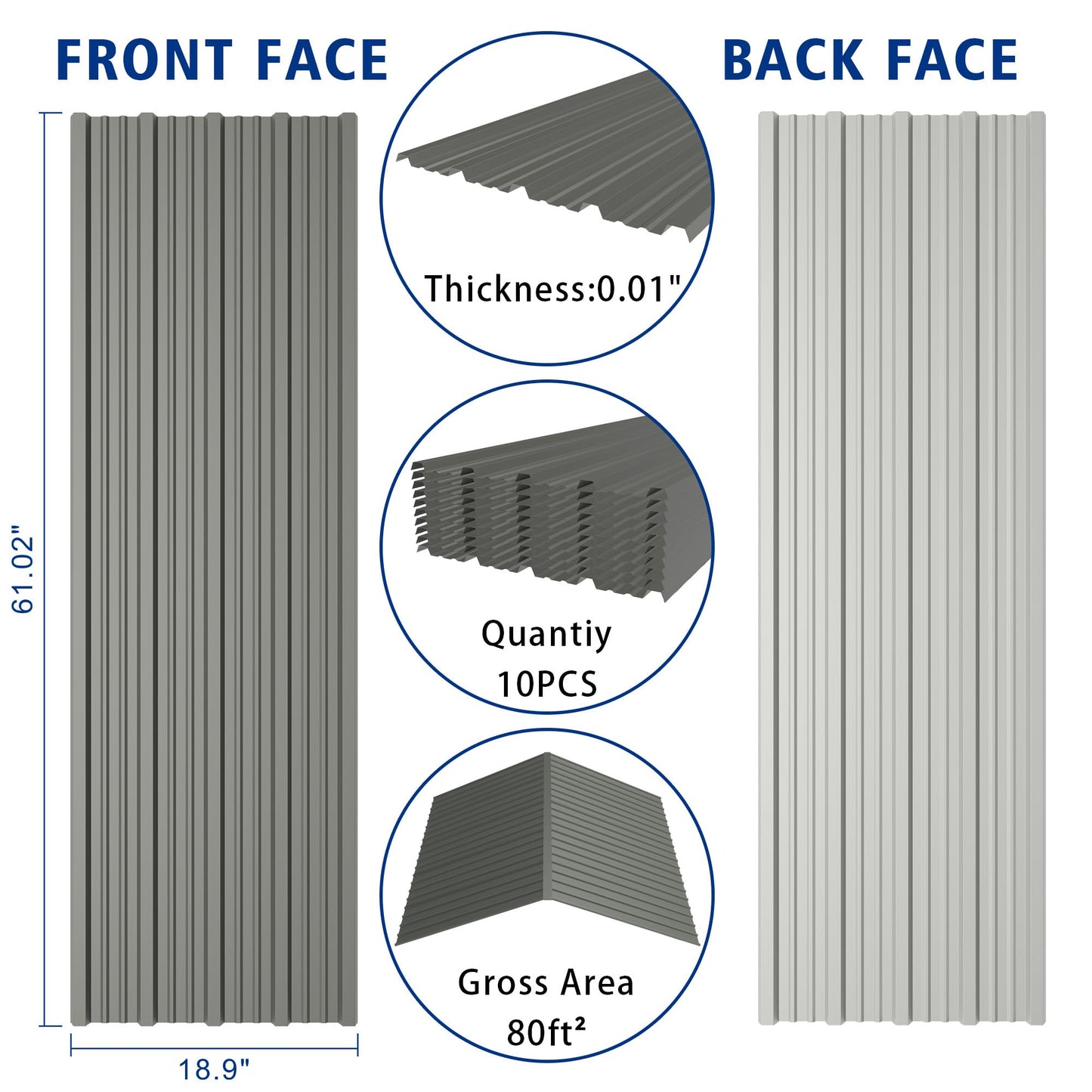 10PCS 80ft² Metal Roofing Panels 61.02”x18.9” Corrugated Metal Sheets Galvanized Exterior Siding Roofing Materials for Outdoor House Garages Sheds Pergola Gazebo Chicken Coop Stables, Grey