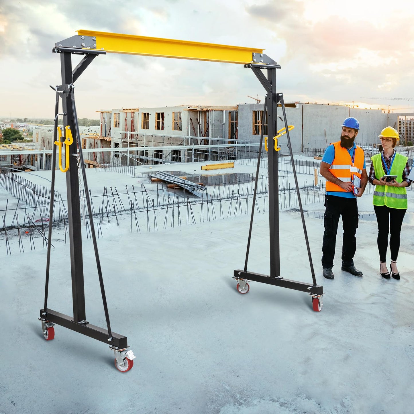 ExploreHorizon Adjustable Gantry Crane, 1 Ton Portable Lift Hoist with Height Range of 97" to 141", 2200 Lbs Load Capacity, Perfect for Factories, Construction Sites, Warehouses, and Auto Repairs