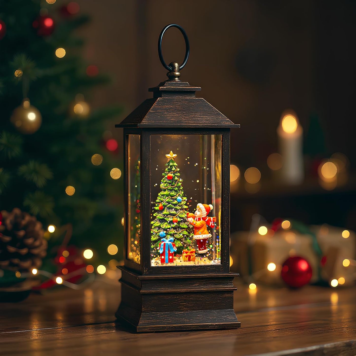 Skiennix 10'' Snow Globe Christmas Lantern - Musical & Lighted with Swirling Glitter | Battery or USB Powered