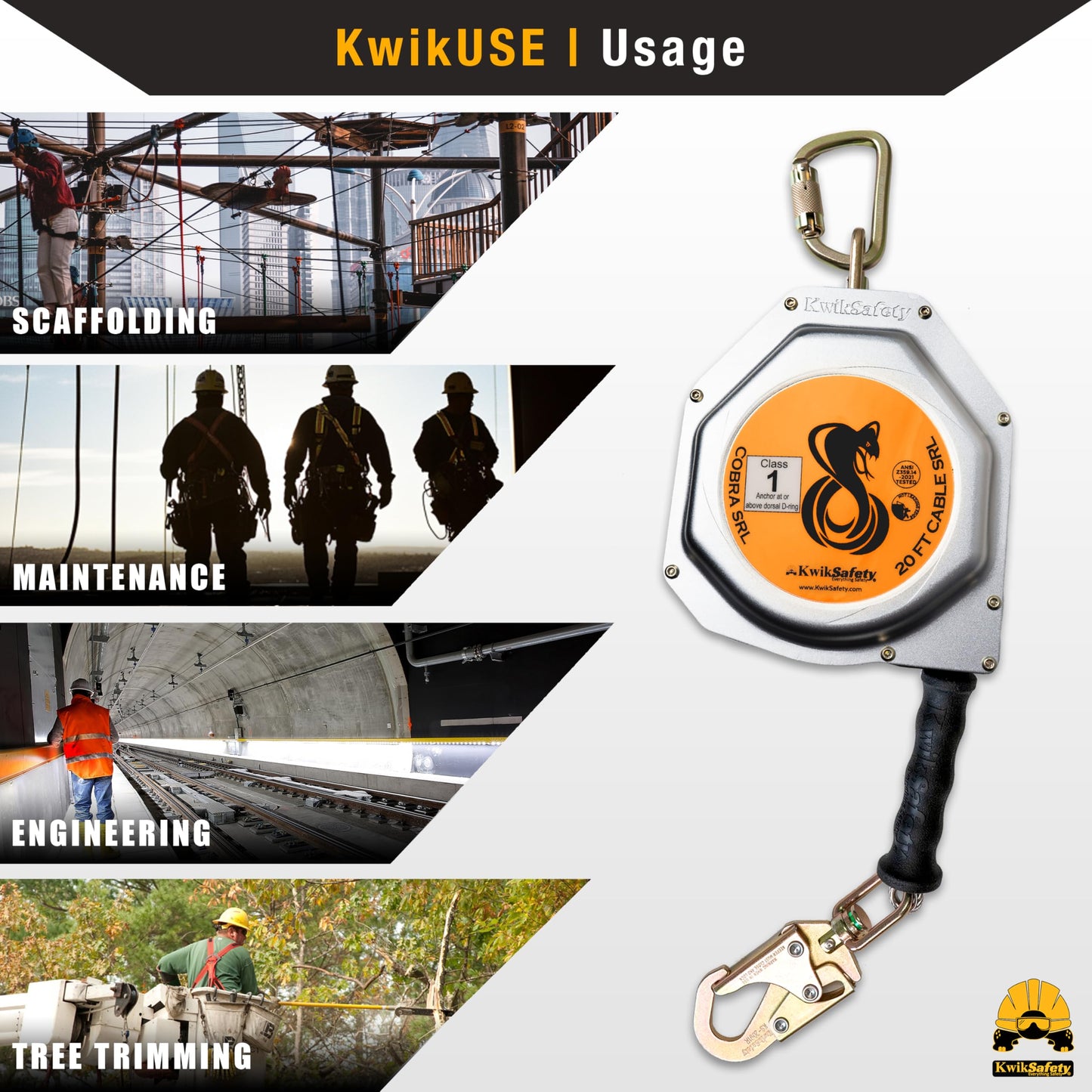 KwikSafety - Charlotte, NC - COBRA 20' BUNDLE [Cable Self Retracting Lifeline + 3FT Cross Arm Strap + Roof Anchor + 3 D-Ring Safety Harness] ANSI OSHA Class B Retractable SRL Fall Arrest PPE