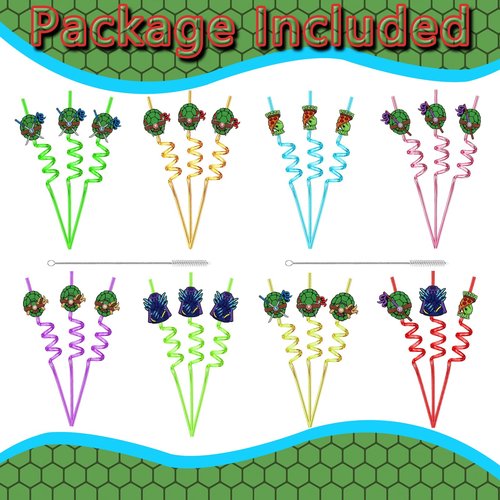 24PCS Green Turtles Birthday Party Plastic Straws for Teenage Cartoon Turtle Party Favors, Reusable Crazy Straws with 6 Style Patterns for Kids Party Supplies with 2 Brushes