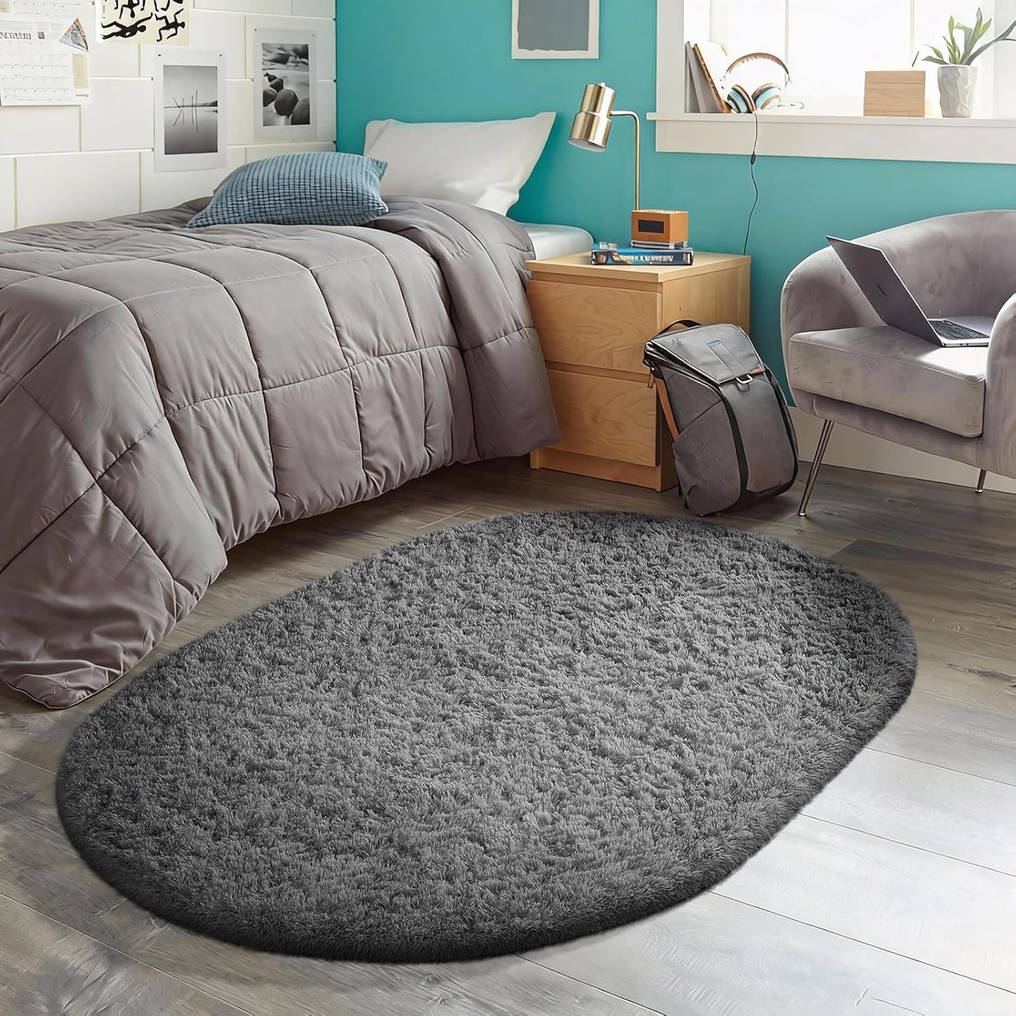 Ophanie 3x5 Oval Rug - Non-Slip Grey Area Rug for Bedroom & Dorm | Fluffy Home Decor Essentials
