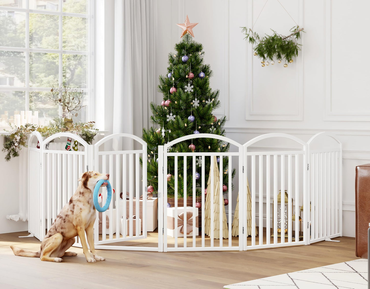 THKKY Folding No-Assembly Freestanding Dog Gate with Door,32" Heights Foldable Pet Fence,144" Extra Wide Accordion Puppy Folding Playpen for Doorways,House,Stairs (6 Panels,White)