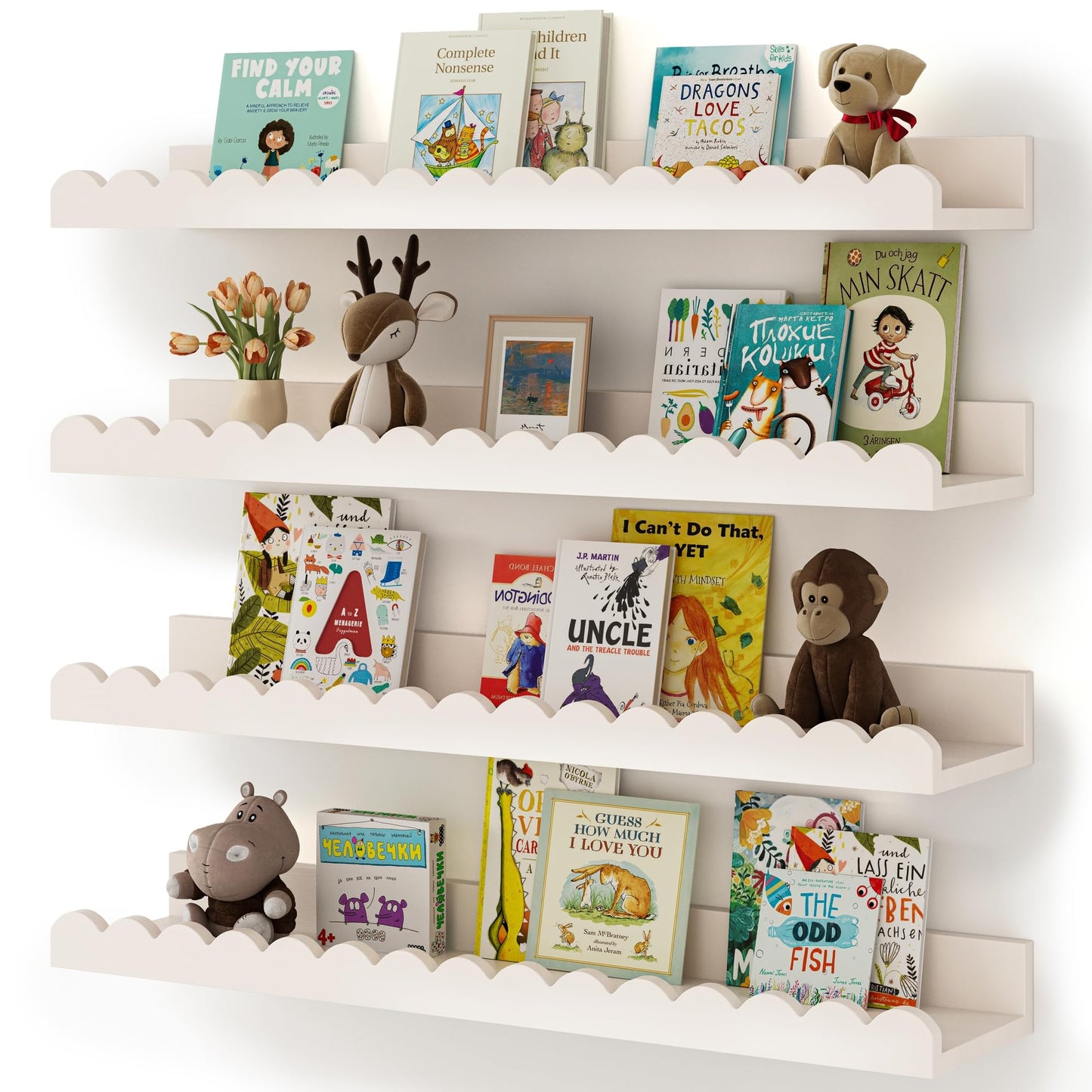 Shario Nursery Book Shelves, 4-Pack White Floating Shelves for Wall Kids, Scalloped Shelves, Wall Book Shelves for Bedroom Kids, Toddler Room, Baby Room, Nursery Decor