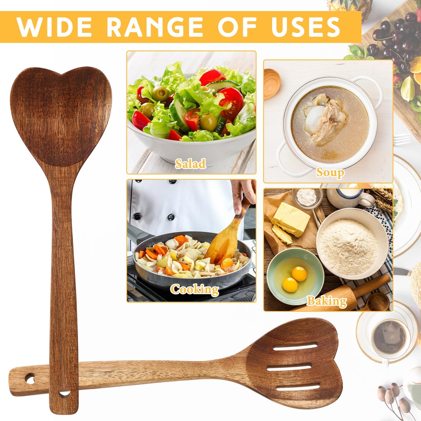 Patelai 2 Pcs Wooden Heart Spoon Set for Cooking Acacia Heart Shaped Wooden Spoonlong Handle Christmas Kitchen Utensils Gifts for Wife Grandma Moms Hostesses Cooks Housewarming Wedding Decoration