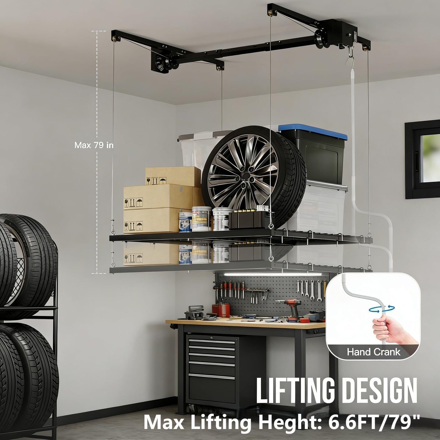 ExploreHorizon 4x4 FT Overhead Garage Lifting Storage Rack, 350 lbs Capacity & 79" Lifting, Metal Garage Ceiling Rack, Adjustable Storage System with Safety Lock