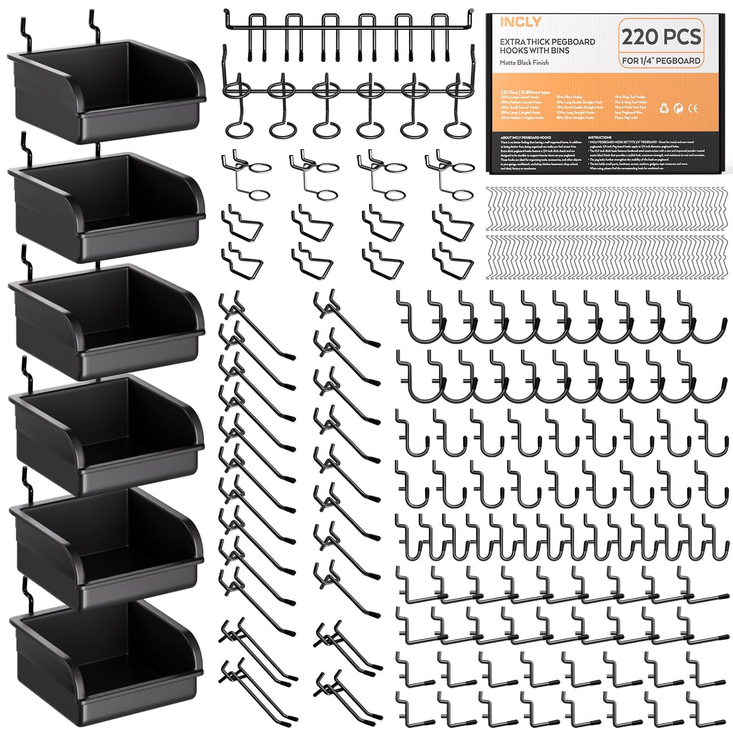 INCLY 220PCS Extra Thick Pegboard Accessories Organizer Kit for 1/4 Inch Pegboard, Heavy Duty Black Pegboard Hooks with Bins & Peg Lock, Peg Board Hooks Assortment for Garage Wall Hanging Tools