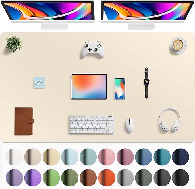 Aothia Faux Leather Desk Mat - Large Mouse Pad, Non-Slip PU Leather Blotter, Waterproof Writing Surface for Office and Home (Beige, 63" x 24")