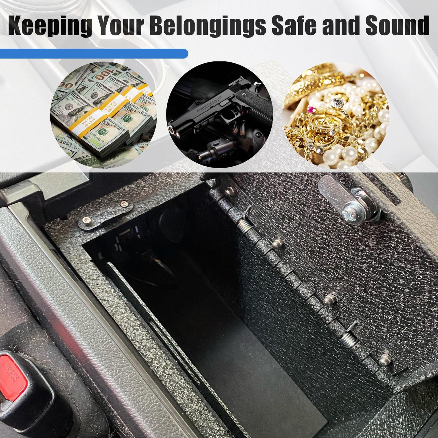 Center Console Gun Safe Vault - WASAI Vehicle Safe Vault Compatible with Ford Bronco 2025-2026, Anti-Theft High Security Armrest Lock Box with 4-digit Lock.