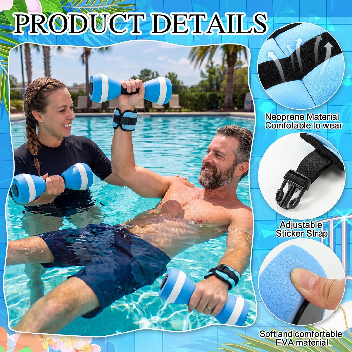 Teyva Daily 7 Pcs Aquatic Exercise Set Water Aerobics Set Including 2 Ankle/Wrist Weights for Land or Water 2 Exercise Foam Dumbbells Cuffs Large Mesh Beach Bag for Pool Weight Loss(Blue)