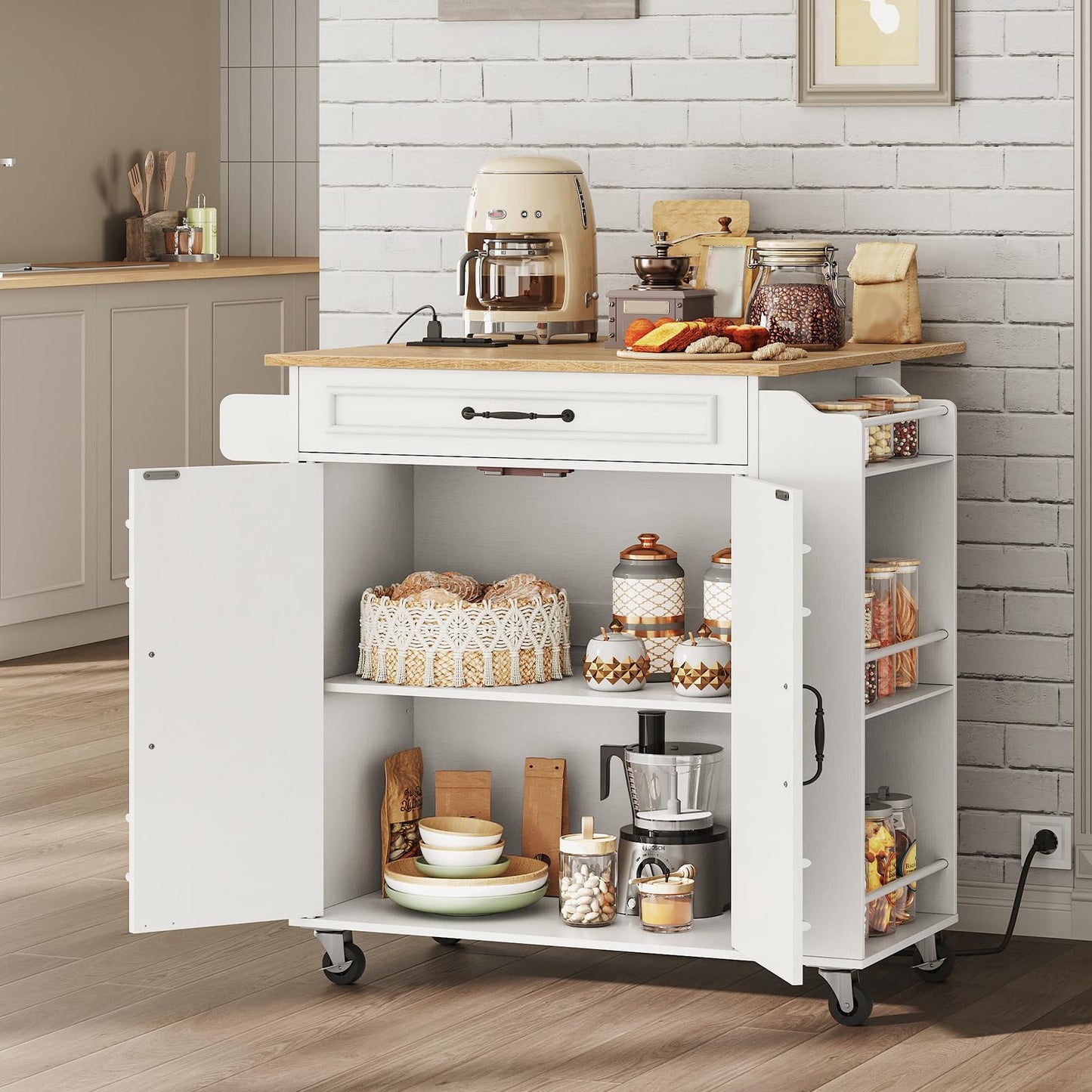 RALGEND Kitchen Island with Power Outlets & Drop Leaf, Rolling Kitchen Cart on Wheels, Kitchen Storage Island with Spice Rack and Drawer, Mobile Island Table for Kitchen, Dinning, White and Natural