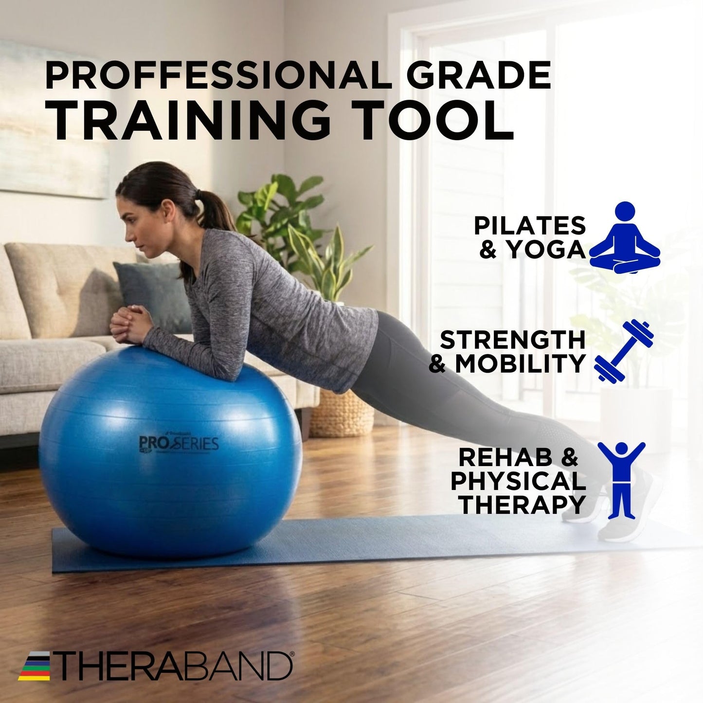 Theraband 23045 Exercise and Stability Ball for Improved Posture, Balance, Core Fitness, Coordination and Rehab, Blue, 75cm Diameter