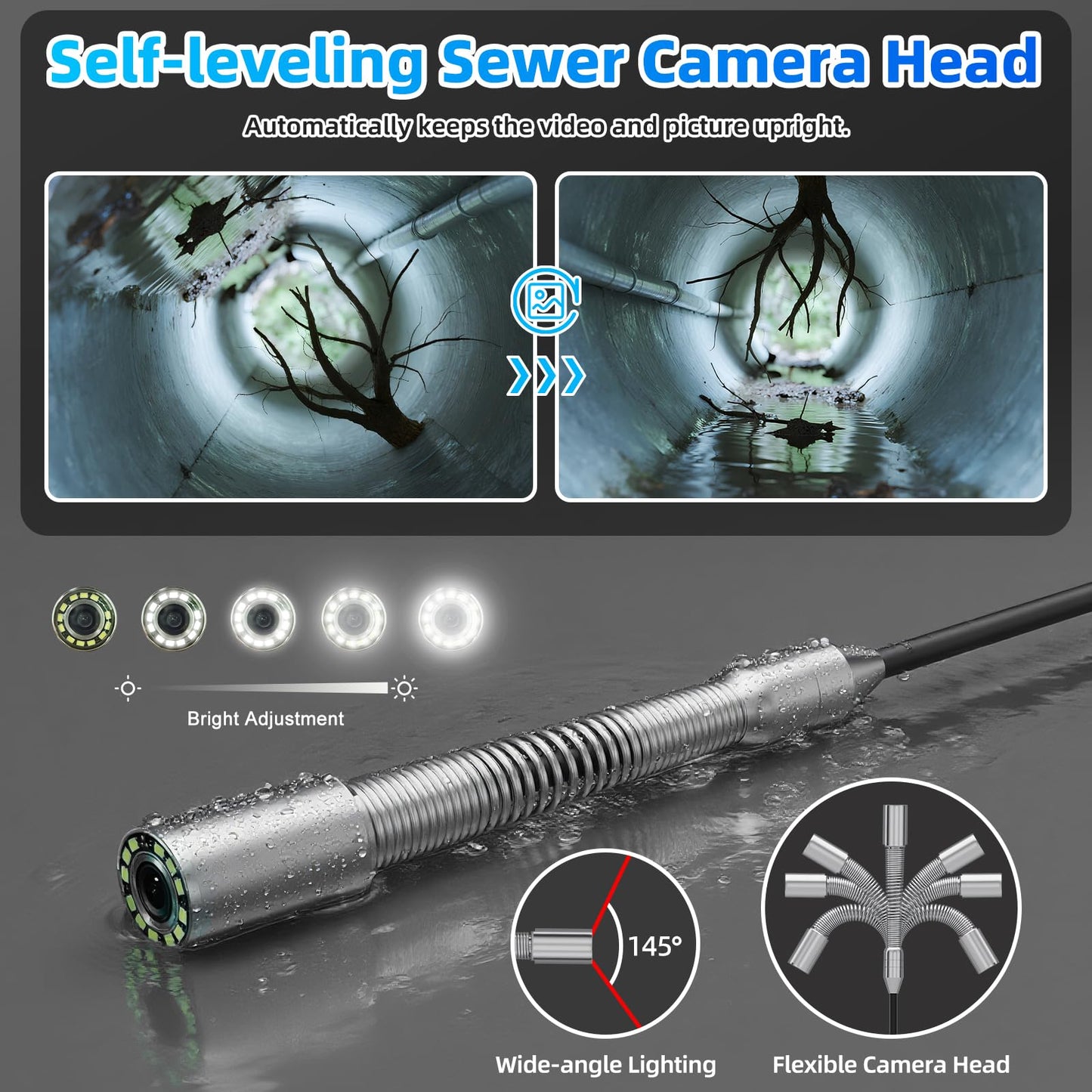 Sanyipace Sewer Camera with 512Hz Transmitter,10" Plumbing Camera with Distance Counter, IP68 Camera with 12 Adjustable LEDs,32GB DVR for Sewer Line,Home,Duct Drain Pipe Plumbing（100ft/30m,7mm Cable