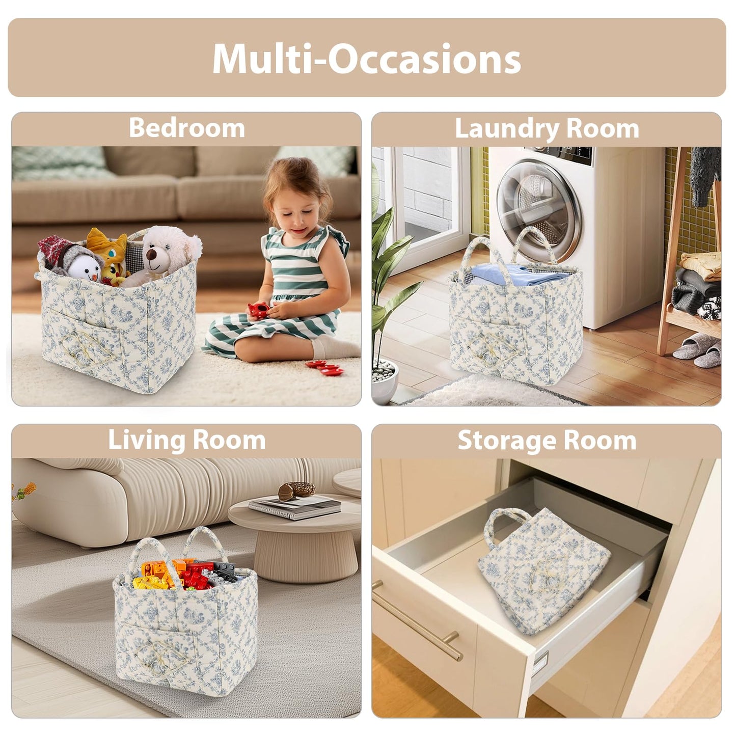 Storage Basket Boho Fabric Large Collapsible Floral Laundry Nursery Hamper Portable Folding Storage for Clothes Toys (Vine-Blue A)