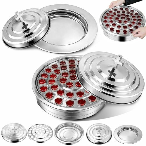 2 Pcs Silver Church Communion Set, Holy Trays & Plates with Lids, 1 Silver Communion Tray+1 Communion Plate for Church Services, Weddings & Religious Gatherings Silver (Cups Not Included)