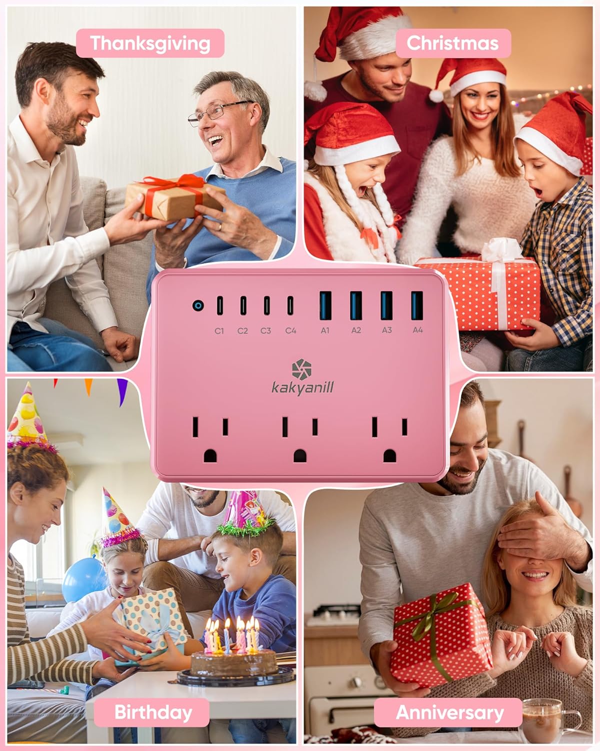 kakyanill 6 8 Ports(4 2000J 5ft Pink Power Strip, AC Outlets USB USB C) with Surge Protector, Flat Plug Pink Extension