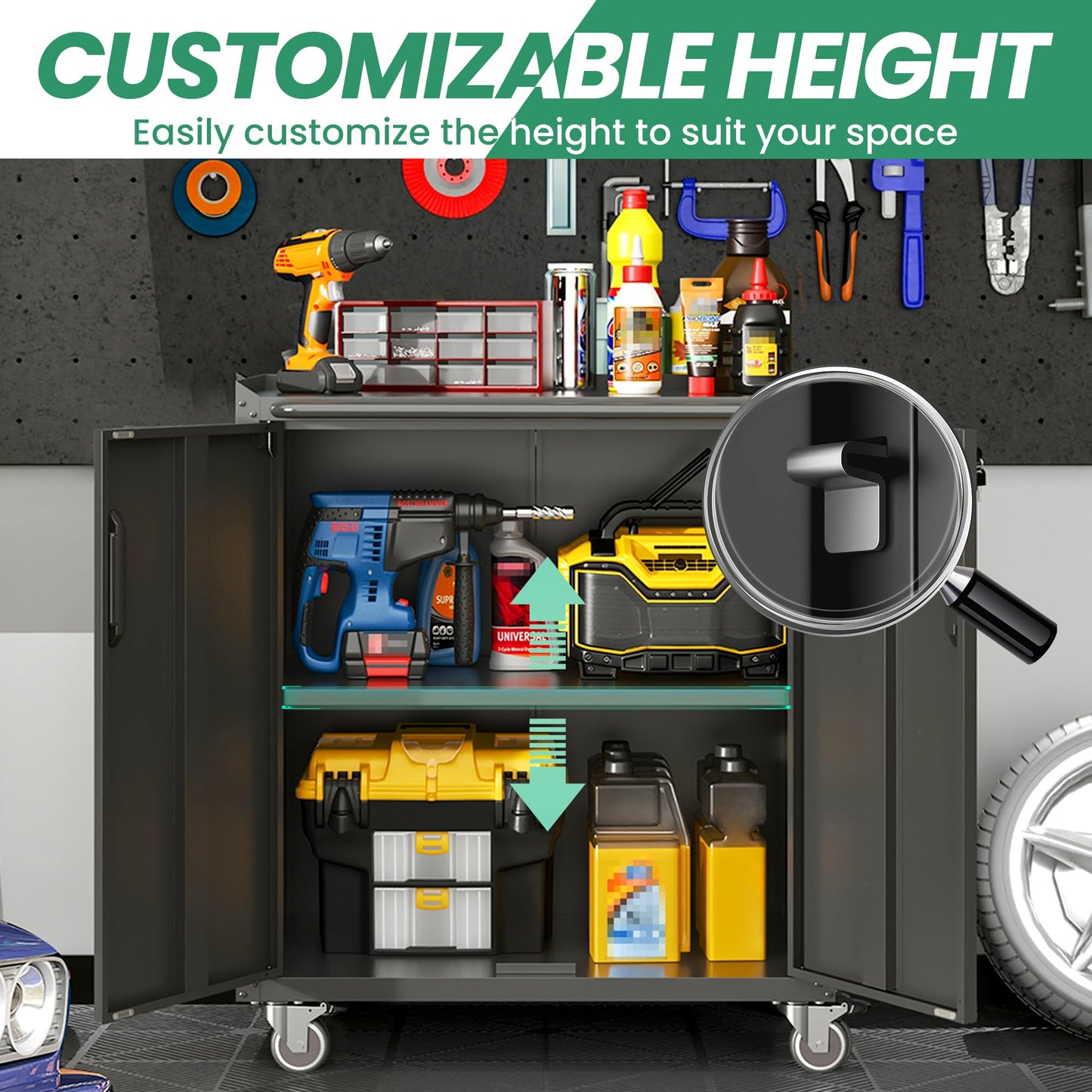 VIYET Garage Cabinets,Metal Garage Storage Cabinet with Wheels,Black Lockable Rolling Tool Cabinet with Drawer and Adjustable Shelves,Heavy Duty Tool Chest for Home Office Utility Room