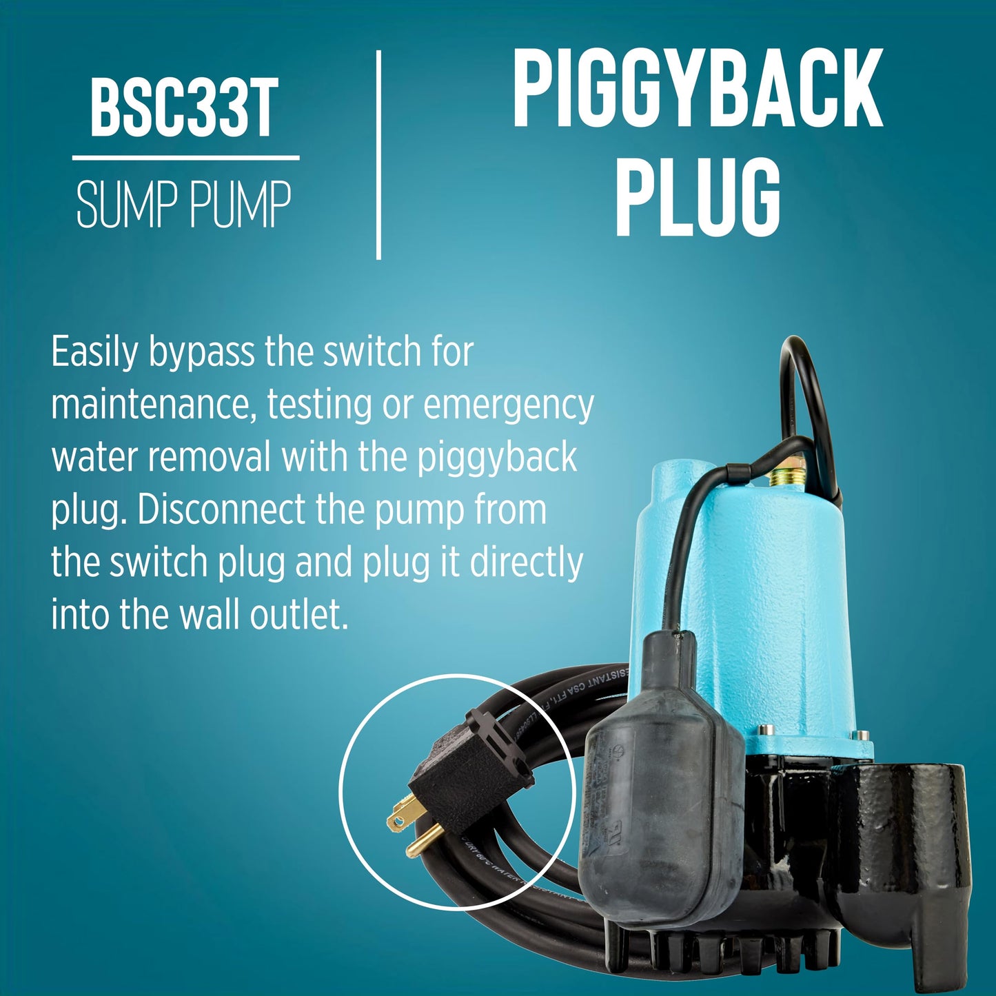Little Giant BSC33T 1/3 HP, 115 Volt, 3000 GPH Automatic Submersible Cast Iron Sump/Effluent Pump with Piggy-back Tethered Float Switch and 10-Ft. Cord, Blue, 506255