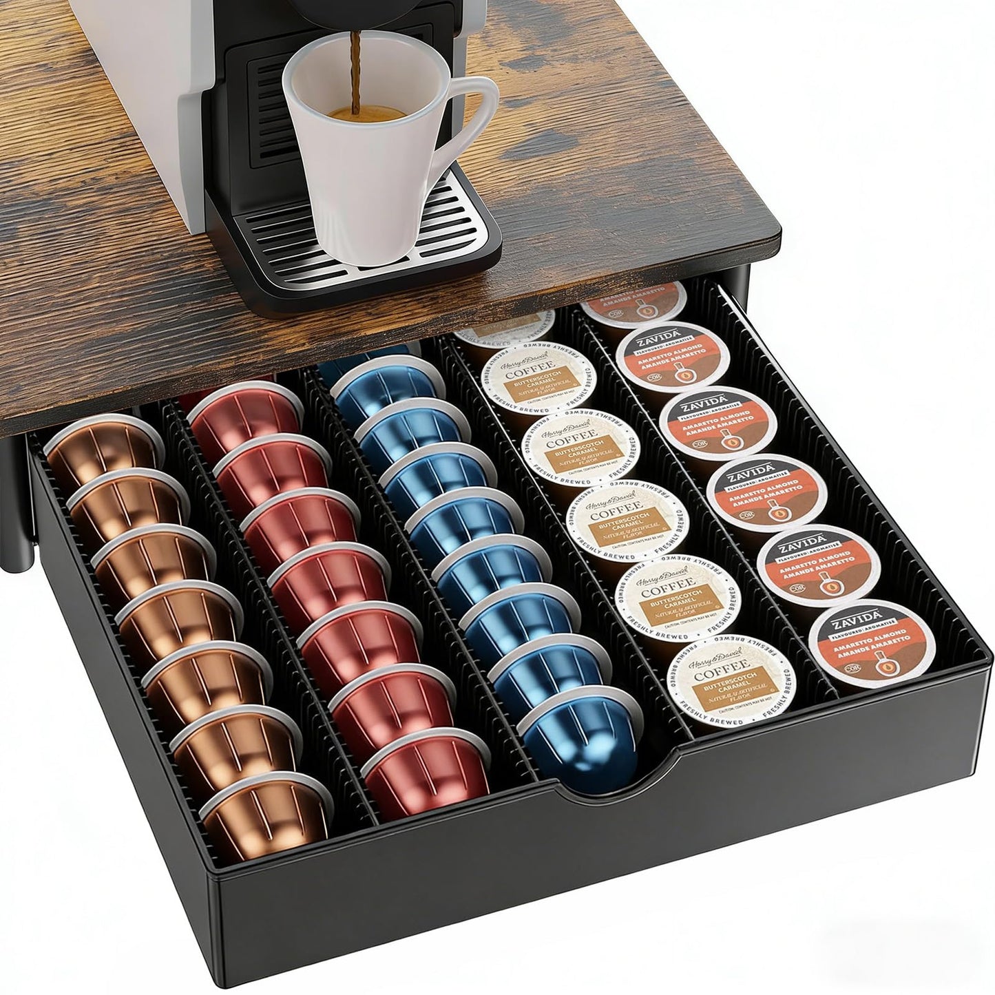 OUTIOE Coffee Pods Drawer Organizer Compatible with Nespresso Vertuo Pods Holds Up to 60 Small or 40 Large (Wood)