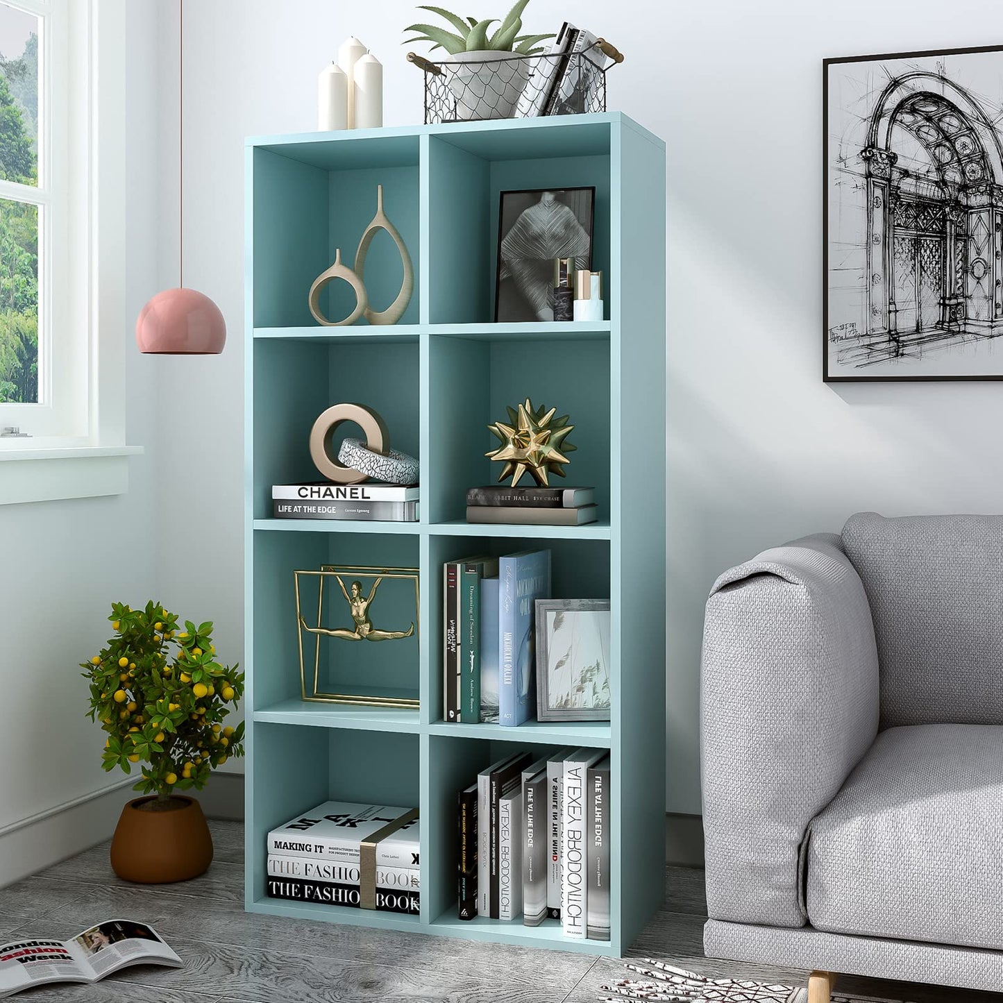 OSCHF 8-Cube Storage Shelf Bookcase - Wooden 4-Tier Floor Standing Open Bookshelf, Modern TV Stand up to 55 Inchs for Home and Office, Light Blue
