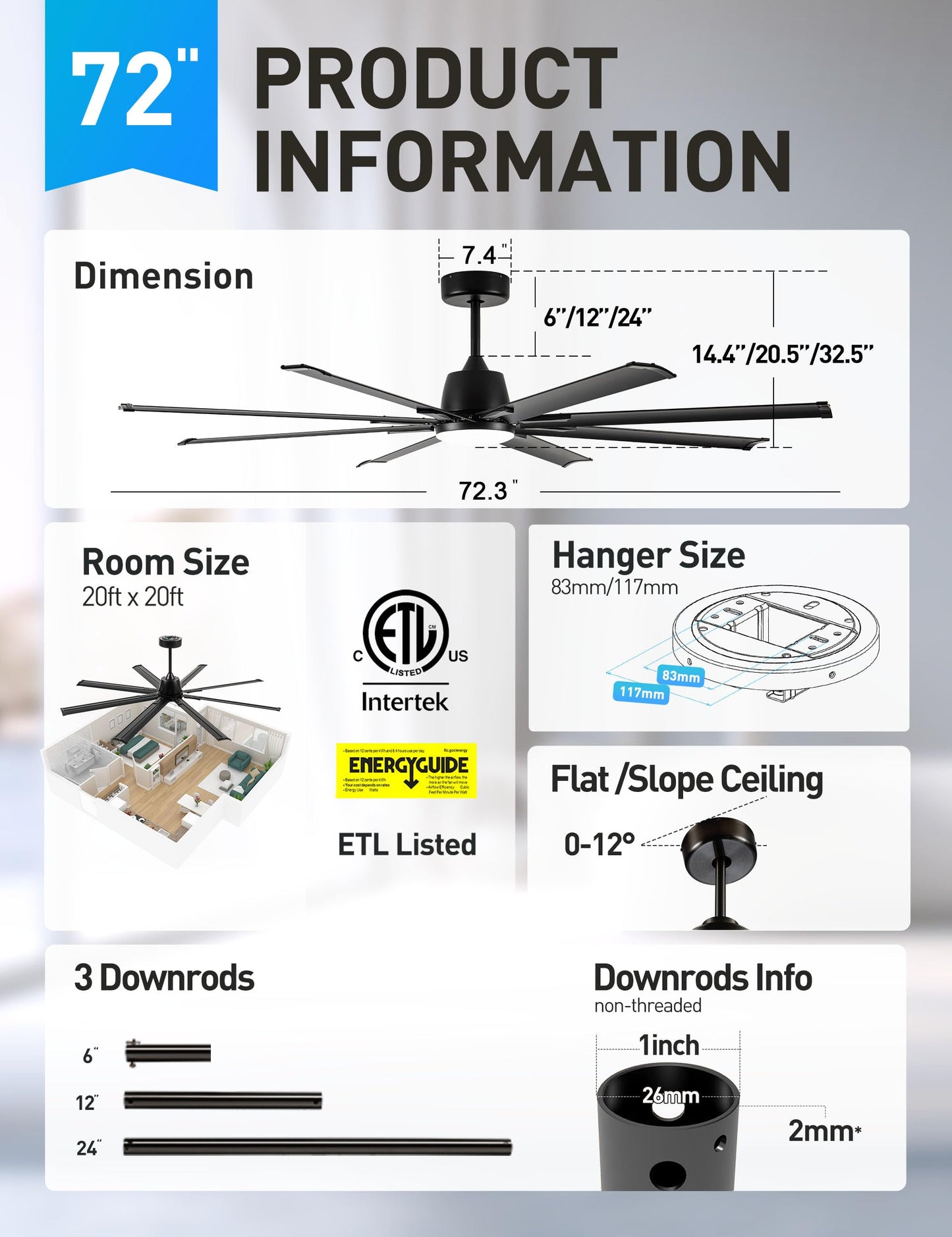 Minislak 72 Inch Ceiling Fan with Light,Industrial Ceiling Fan with 8 Black Aluminium Blades,Smart Fan Compatible with Alexa,Garage Outdoor Indoor Fan for Patio and Living Room