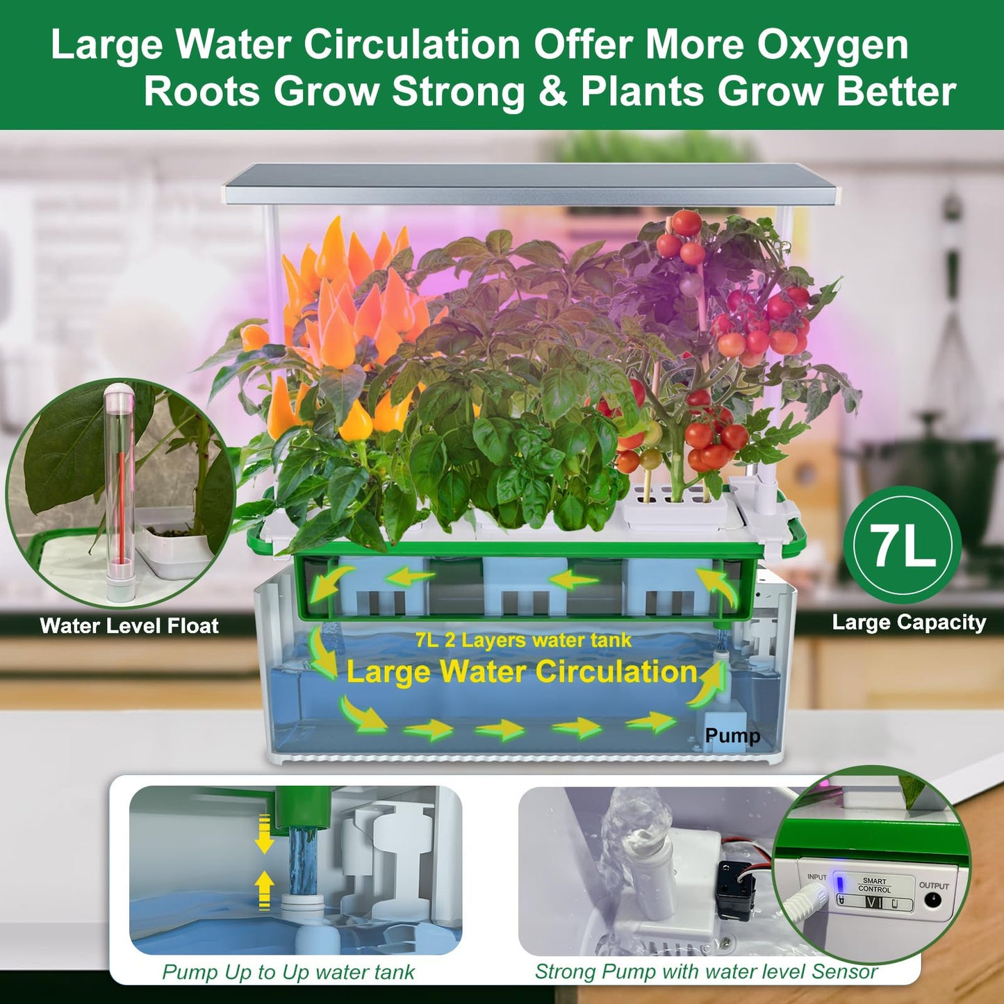 E SUPEREGROW Large Hydroponics Growing System kit with Trellis,Smart Indoor Hydroponic Gardening System with LED Grow Light, Indoor Hydroponic Grow Kit for Tomato,Pepper,Cucumbers(7L,Pump)