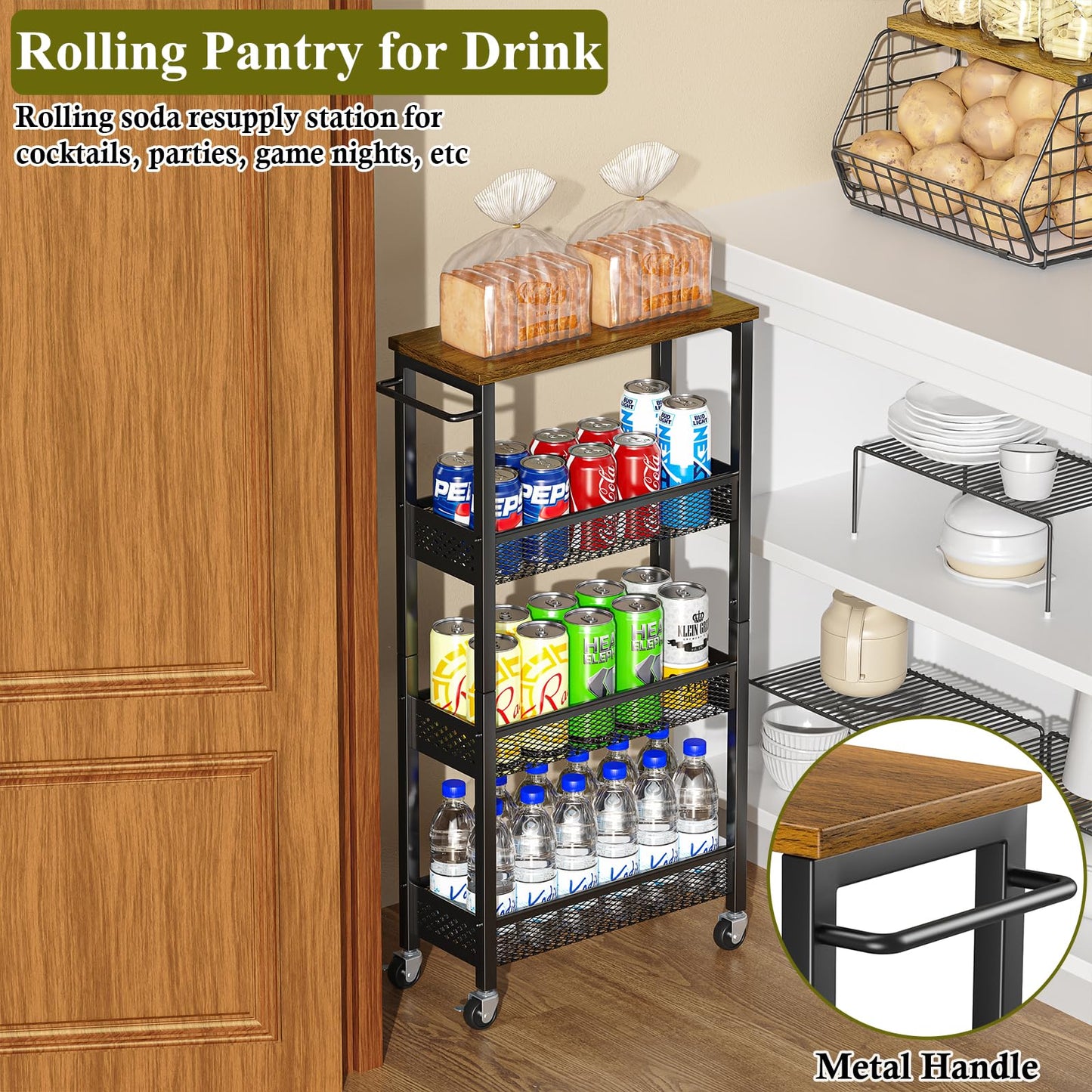 OKZEST Utility Slim Storage Cart, 4 Tier Small Rolling Kitchen Laundry Room Cart with Wood Top, Metal Narrow Bathroom Storage Cabinet Mobile Shelf Unit Organizer Trolley with Handle for Narrow Space