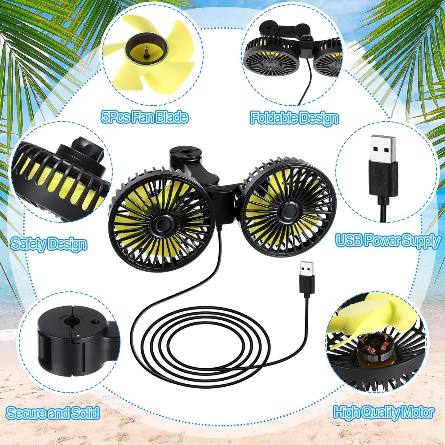 Tujoe 2 12v 360 Pcs Dual Car Seat Fans for Portable USB Backseat Cooling Headrest Degree Rotatable Fan Powerful
